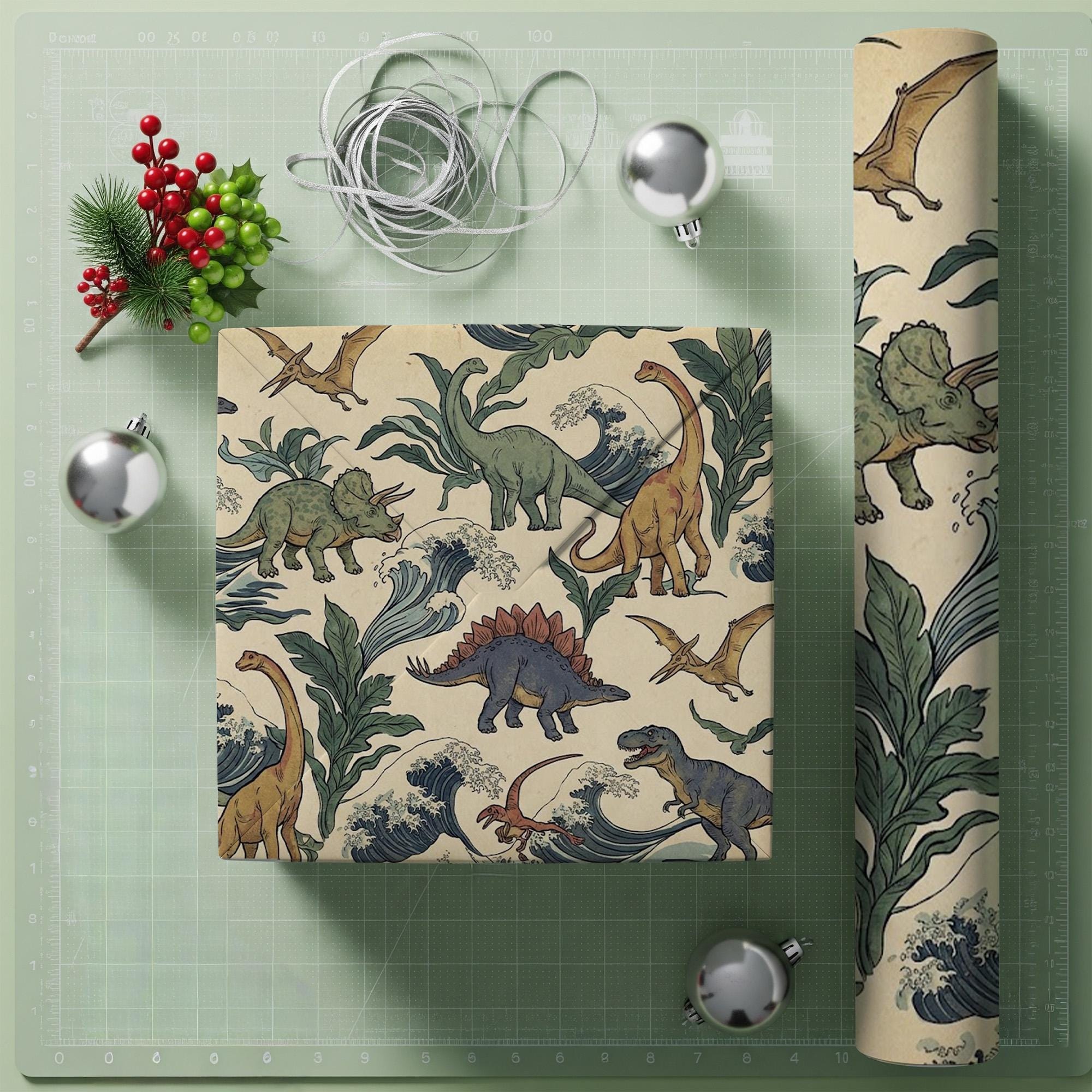 Wrapping Paper: Japanese Woodblock Style Dinosaur and Great Wave Print image 1