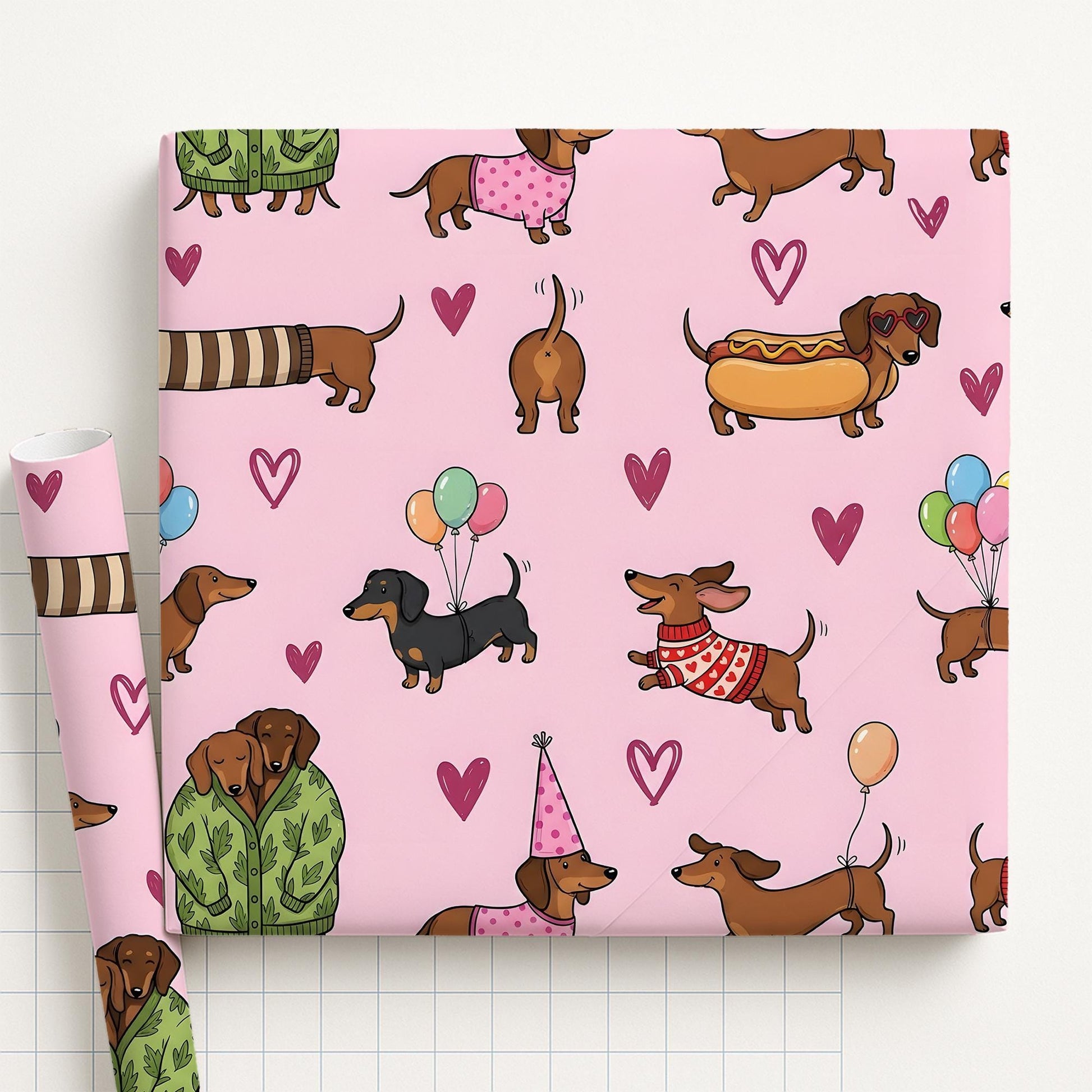 Wrapping Paper: Pink Dachshund Dog Print with Balloons, Hearts, and Sweaters image 2