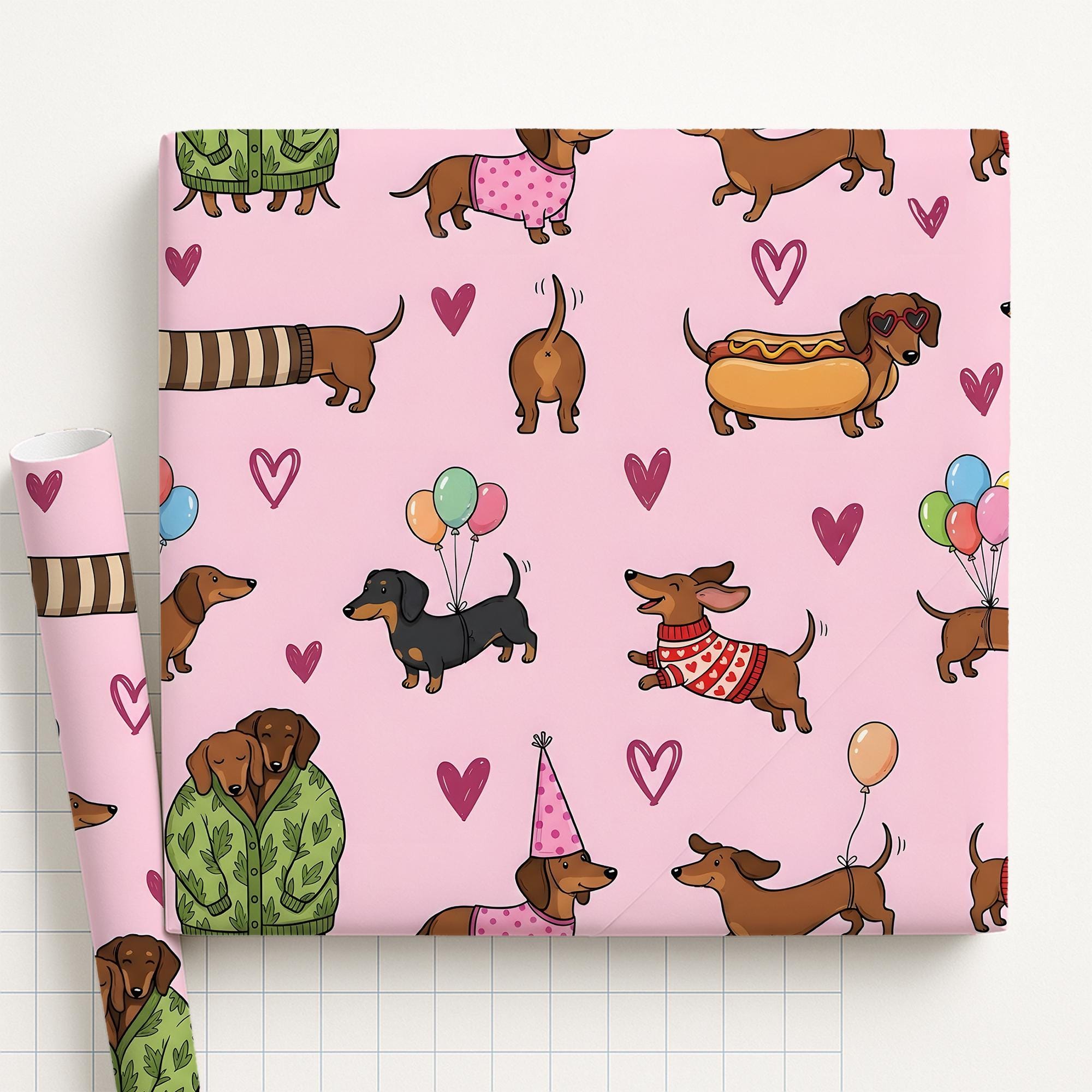 Wrapping Paper: Pink Dachshund Dog Print with Balloons, Hearts, and Sweaters image 2