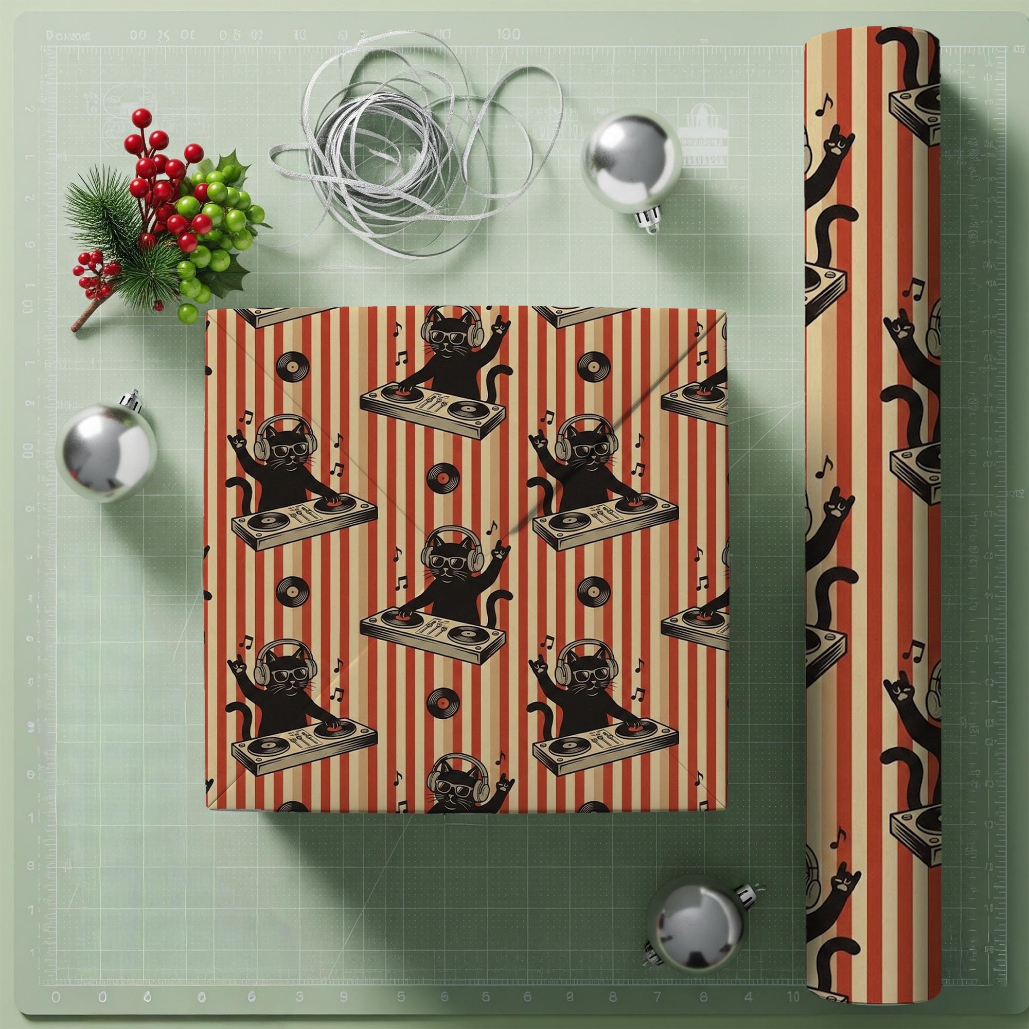 Wrapping Paper: Black Cat DJ with Vinyl Record and Headphones Retro Striped Print image 1