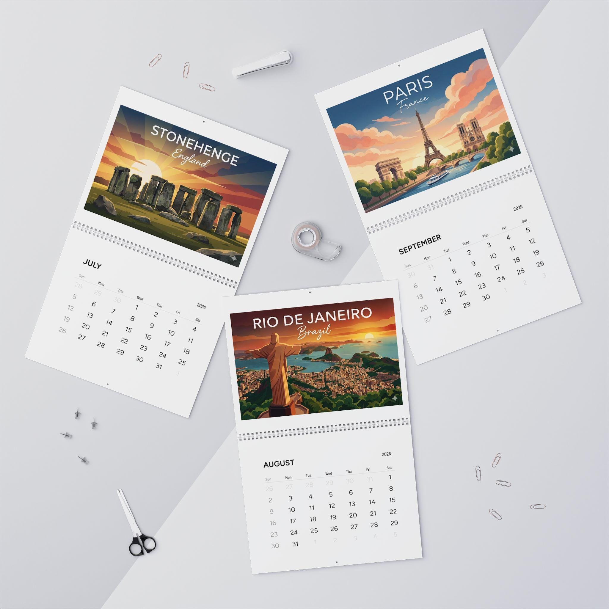 2026 Wall Calendar: World Landmarks Sunset Illustrations Travel Monthly Planner image 1