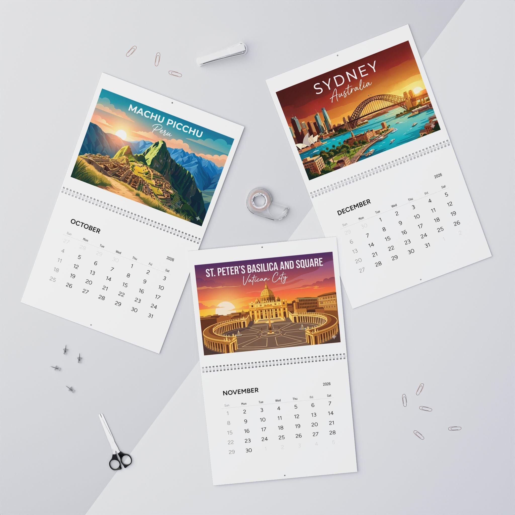 2026 Wall Calendar: World Landmarks Sunset Illustrations Travel Monthly Planner image 3