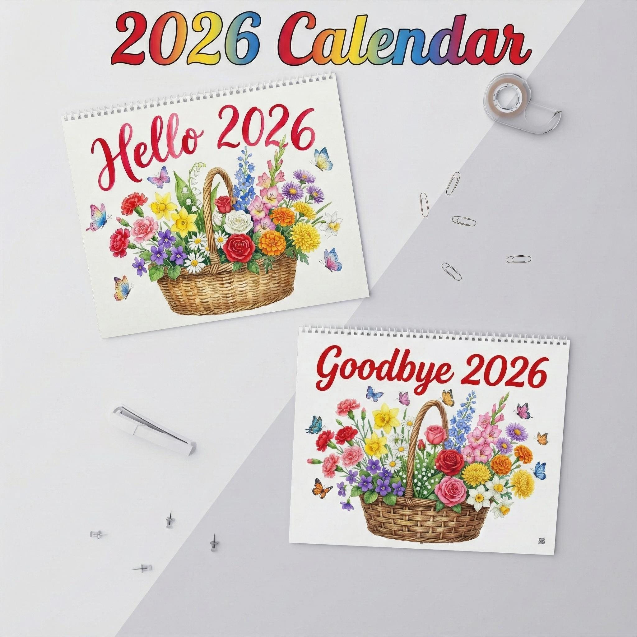 2026 Floral Basket Wall Calendar: Watercolor Botanical Garden Art with Bees & Butterflies image 1