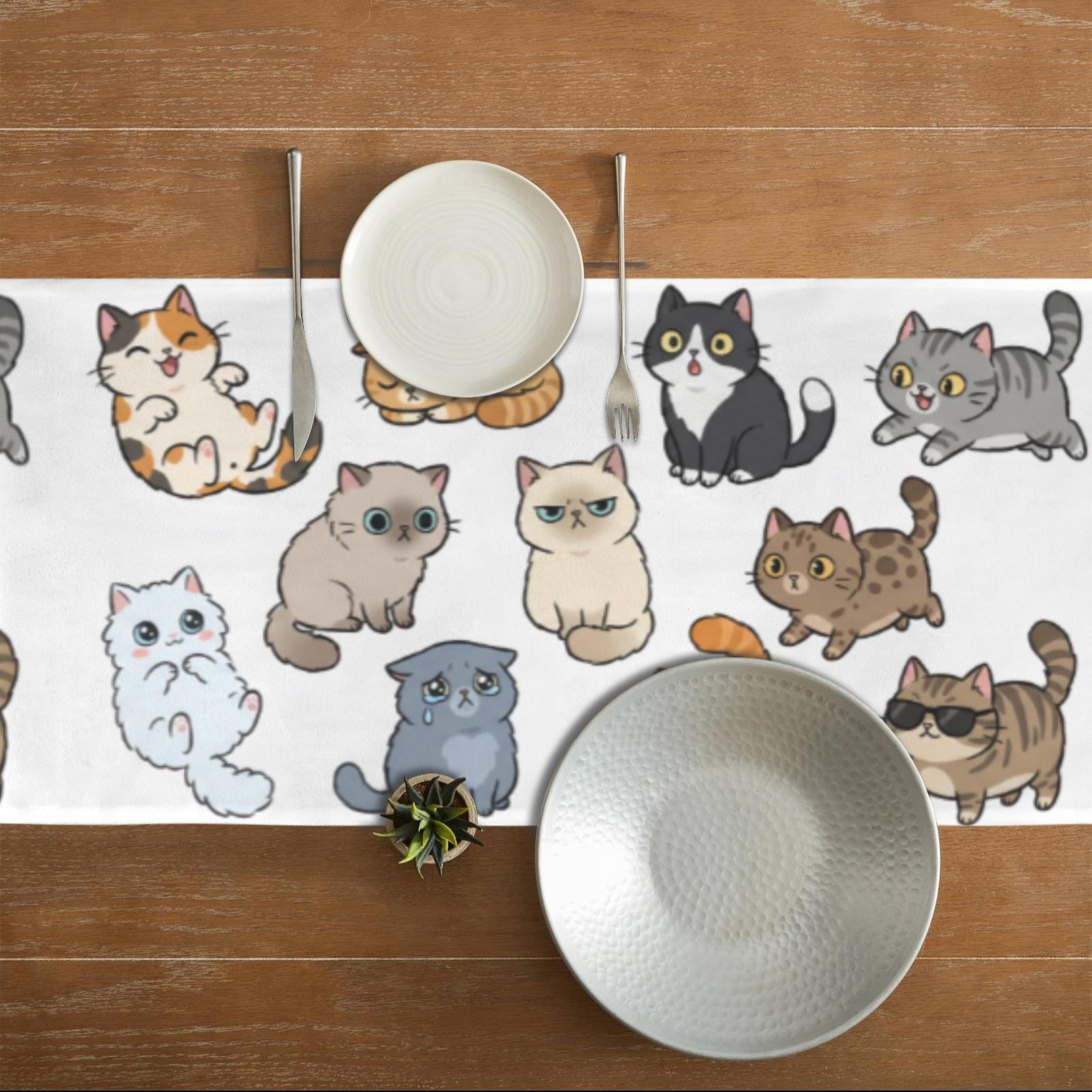 Cartoon Cat Table Runner: Kawaii Kitten Pattern, Funny Pet Lover Dining Decor image 2