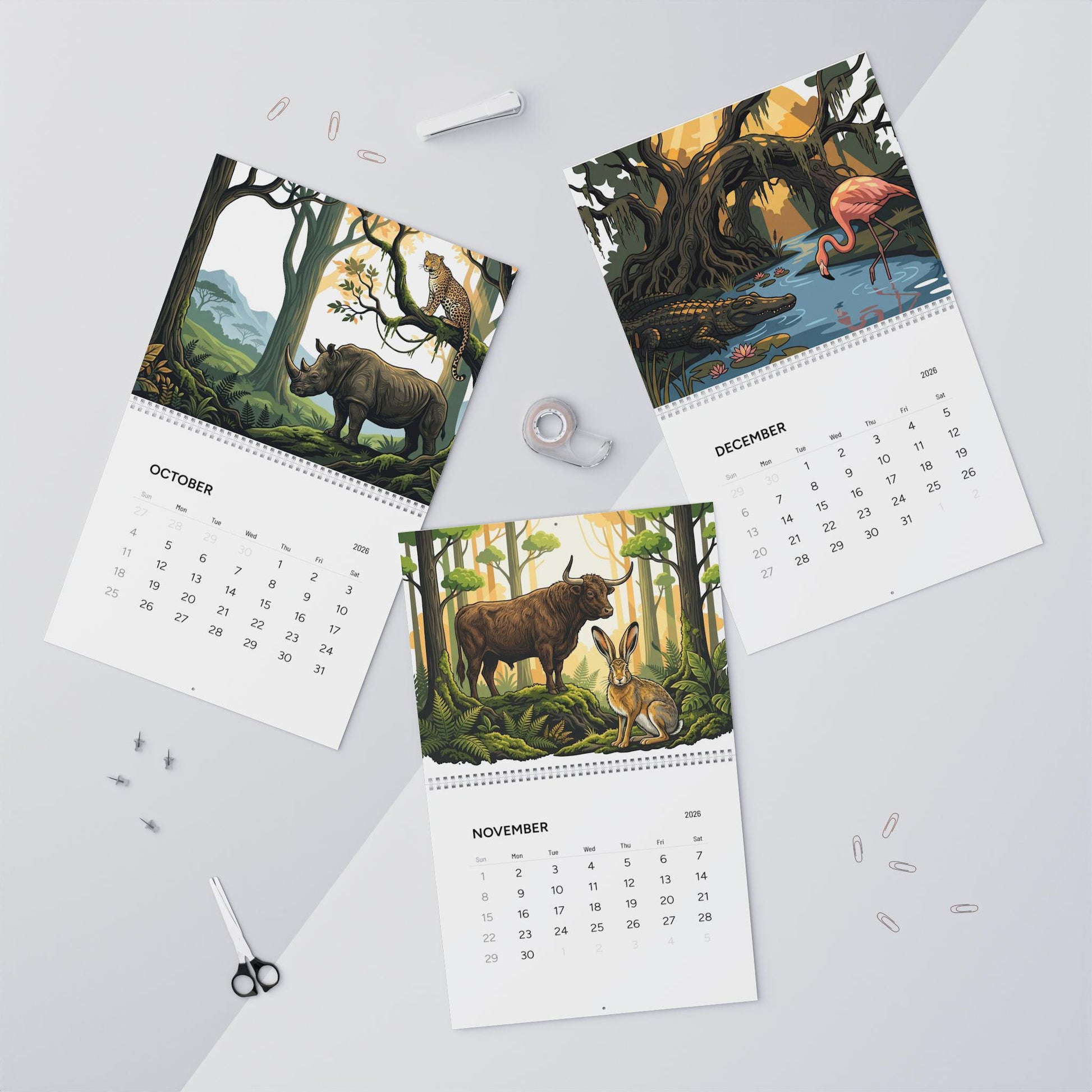 Wire Bound 2026 Wall Calendar: Wildlife Jungle & Misty Forest Illustrations, 12 Month Hanging Planner image 3