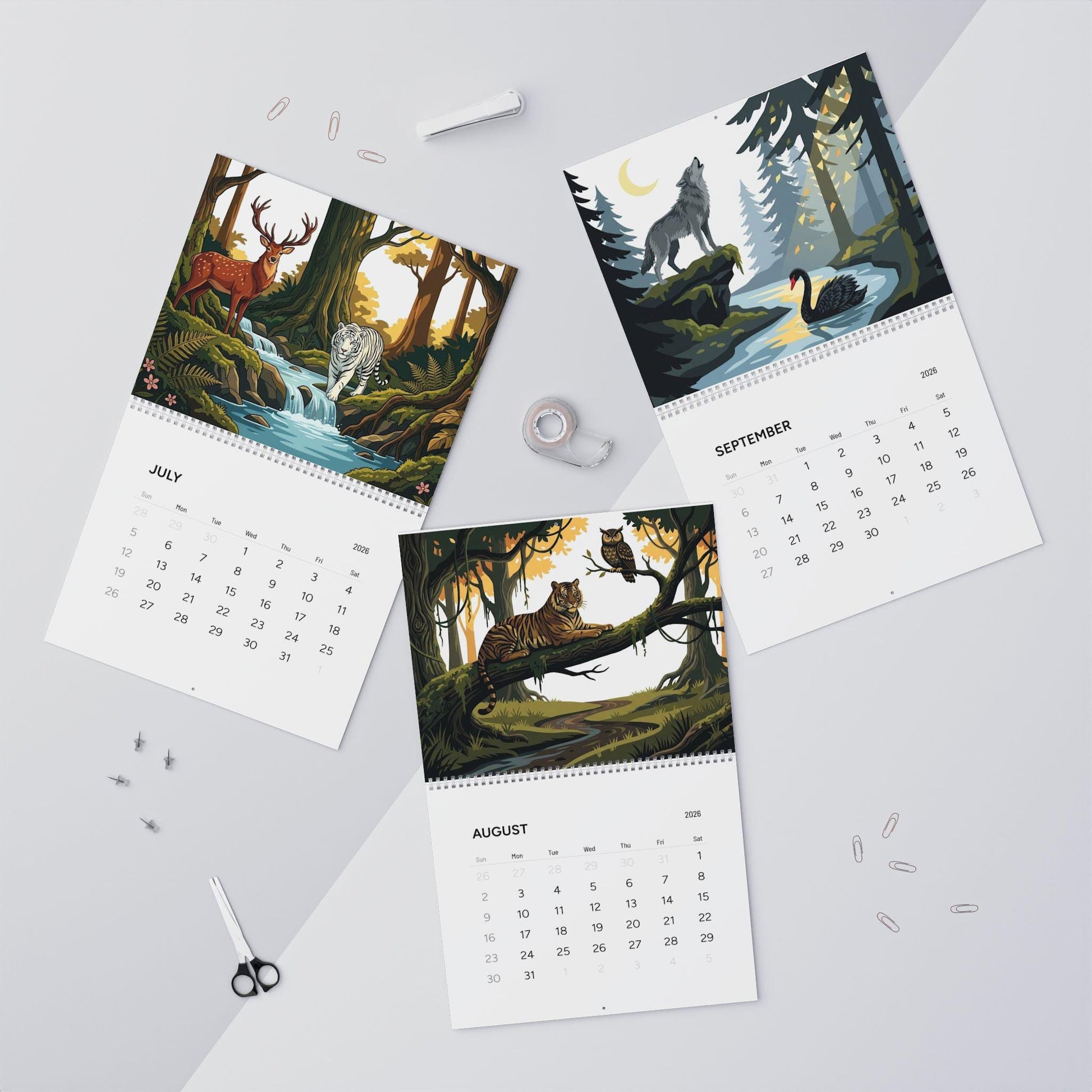 Wire Bound 2026 Wall Calendar: Wildlife Jungle & Misty Forest Illustrations, 12 Month Hanging Planner image 4