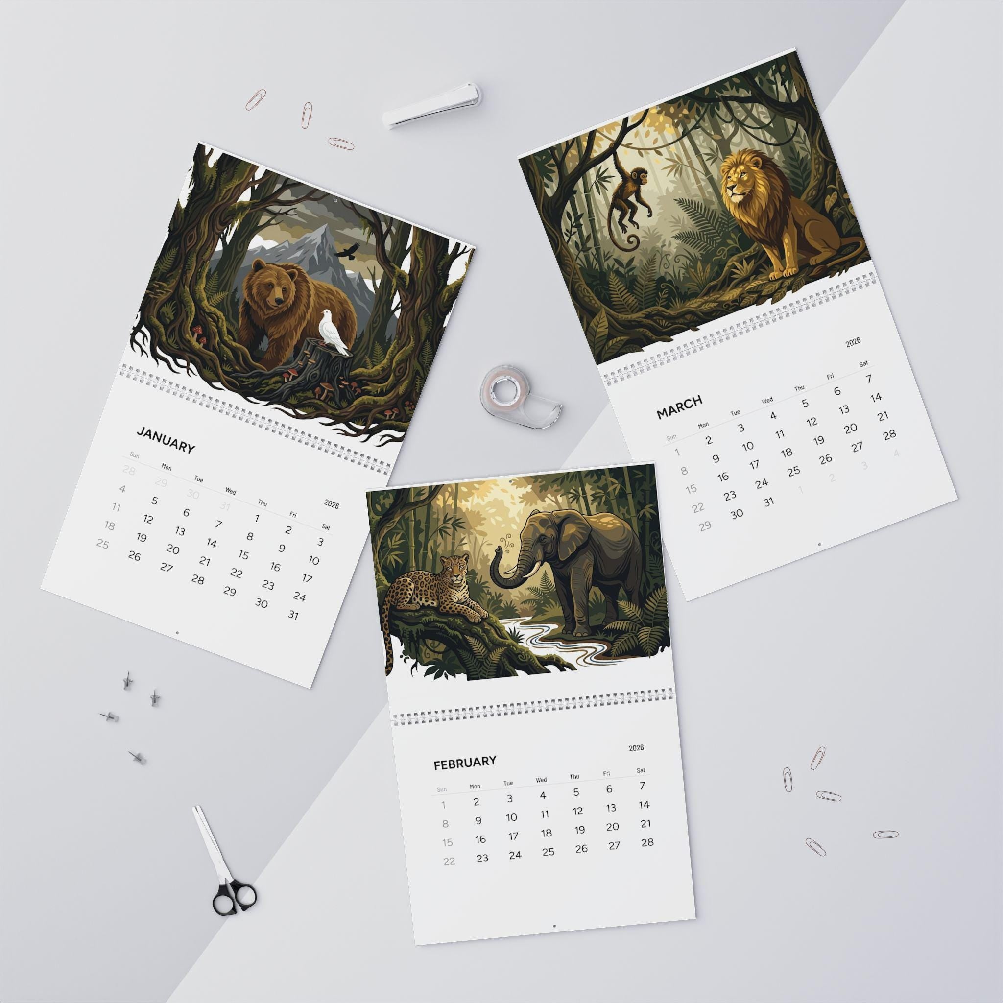 Wire Bound 2026 Wall Calendar: Wildlife Jungle & Misty Forest Illustrations, 12 Month Hanging Planner image 6