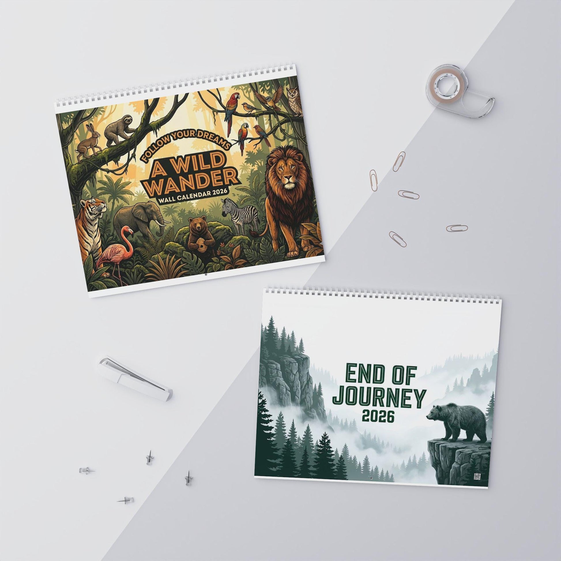 Wire Bound 2026 Wall Calendar: Wildlife Jungle & Misty Forest Illustrations, 12 Month Hanging Planner image 1