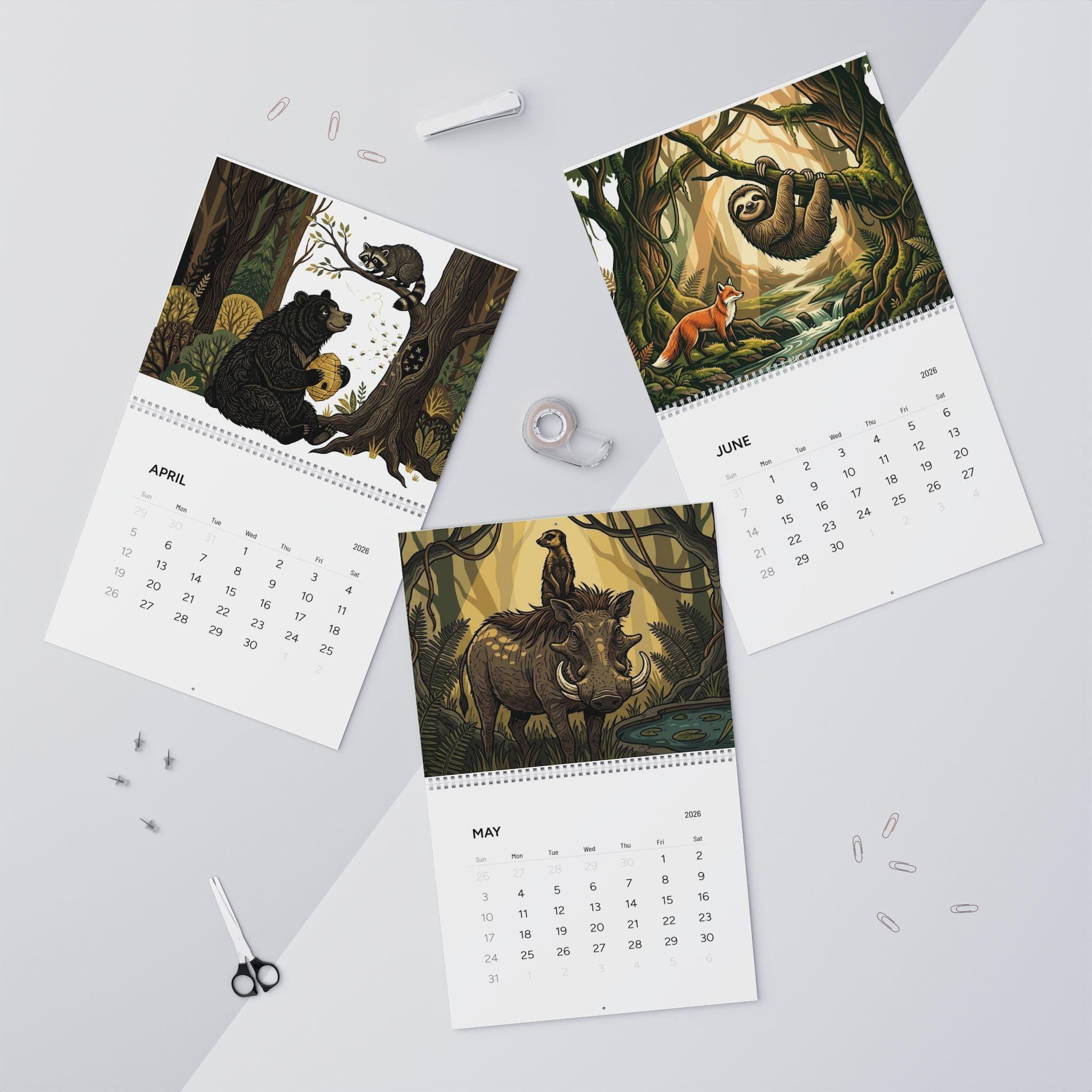 Wire Bound 2026 Wall Calendar: Wildlife Jungle & Misty Forest Illustrations, 12 Month Hanging Planner image 5