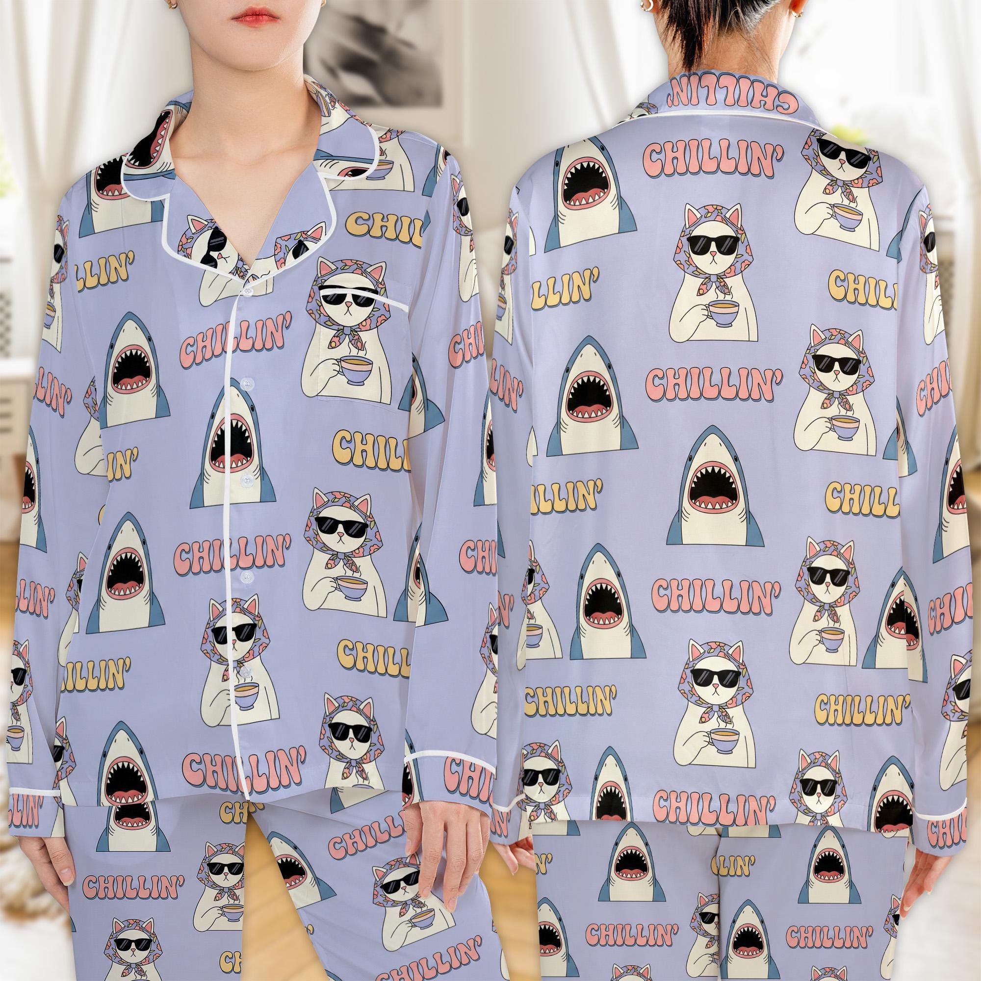 Custom Satin Pajama Set: All-Over Print Loungewear with Shark and Cat Pattern, Long Sleeve image 1
