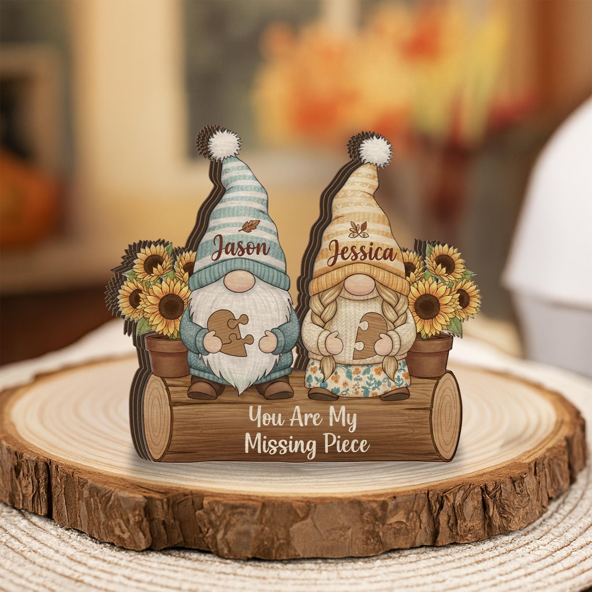 Custom Gnome Couple Wood Block: Personalized Wooden Couple Display image 1