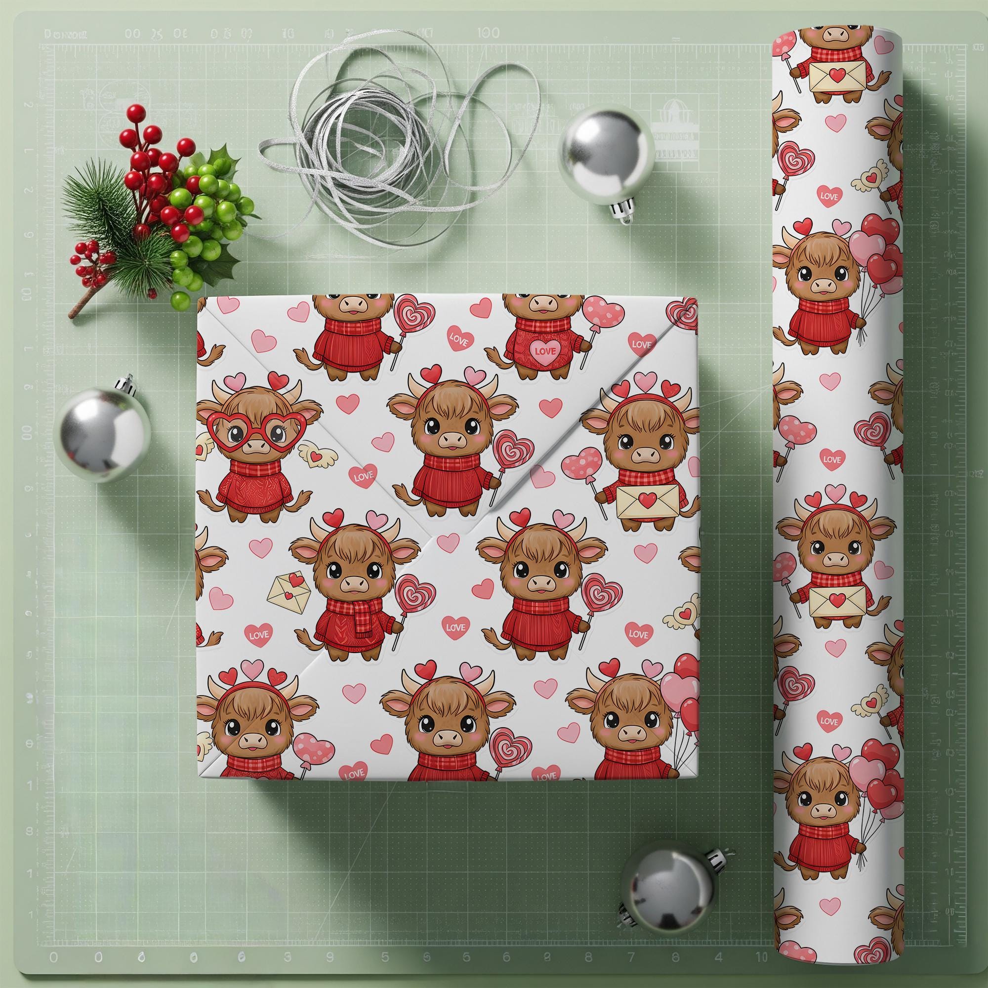 Valentine Highland Cow Wrapping Paper Roll, Heart Pattern, Red Sweater Farm Animal Print image 2