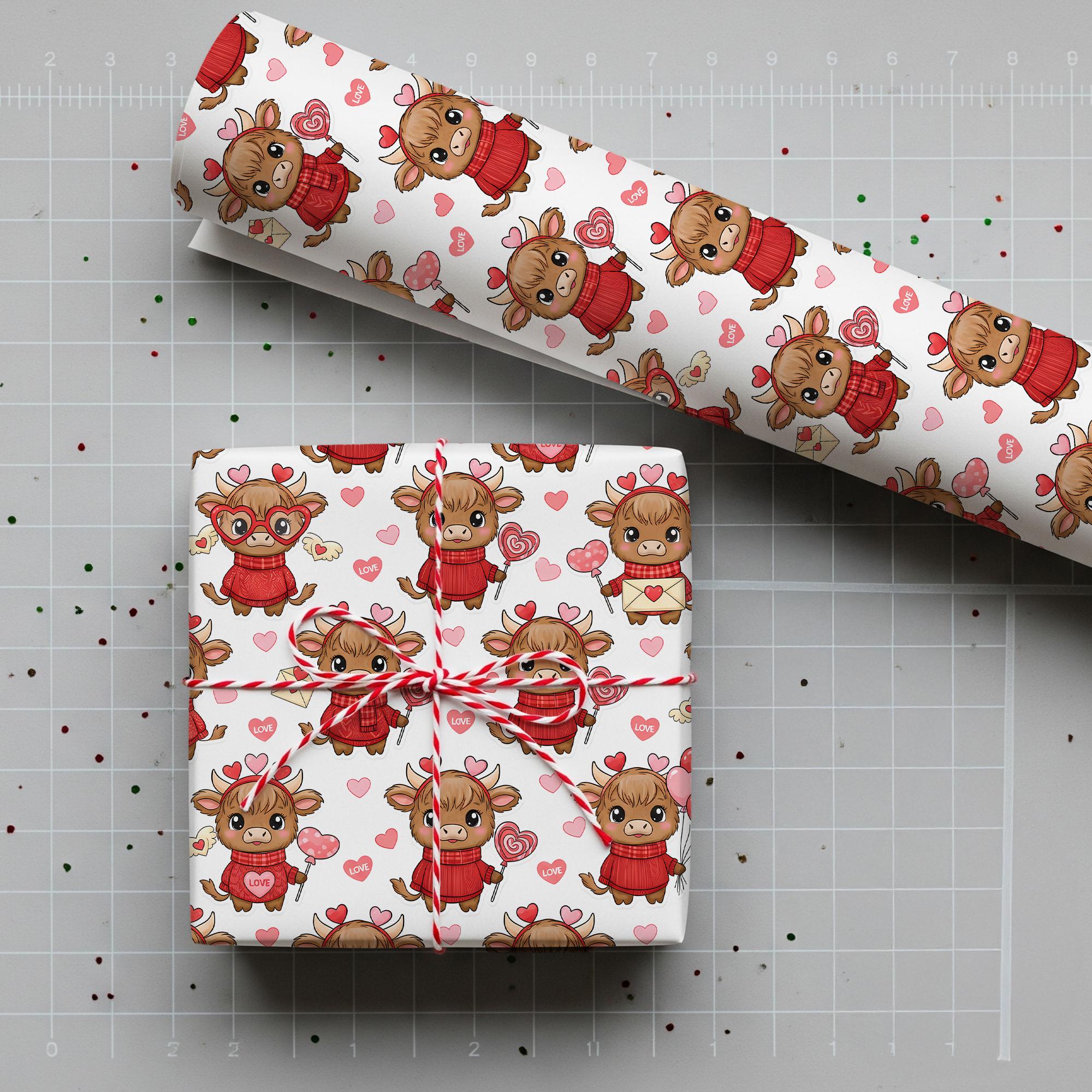 Valentine Highland Cow Wrapping Paper Roll, Heart Pattern, Red Sweater Farm Animal Print image 1