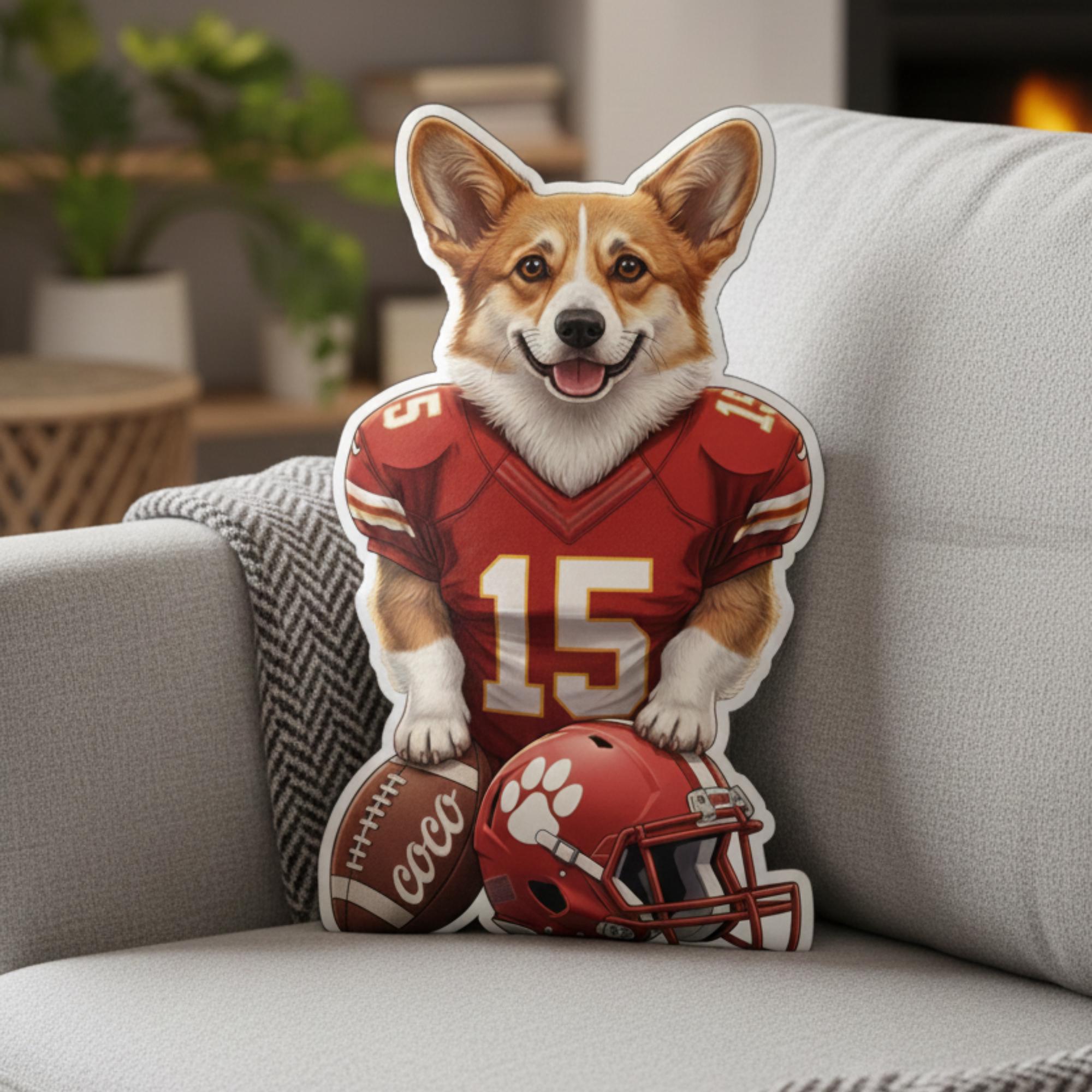 Custom Dog Football Plush Pillow: Personalized Pet Athlete Portrait Pillow image 1