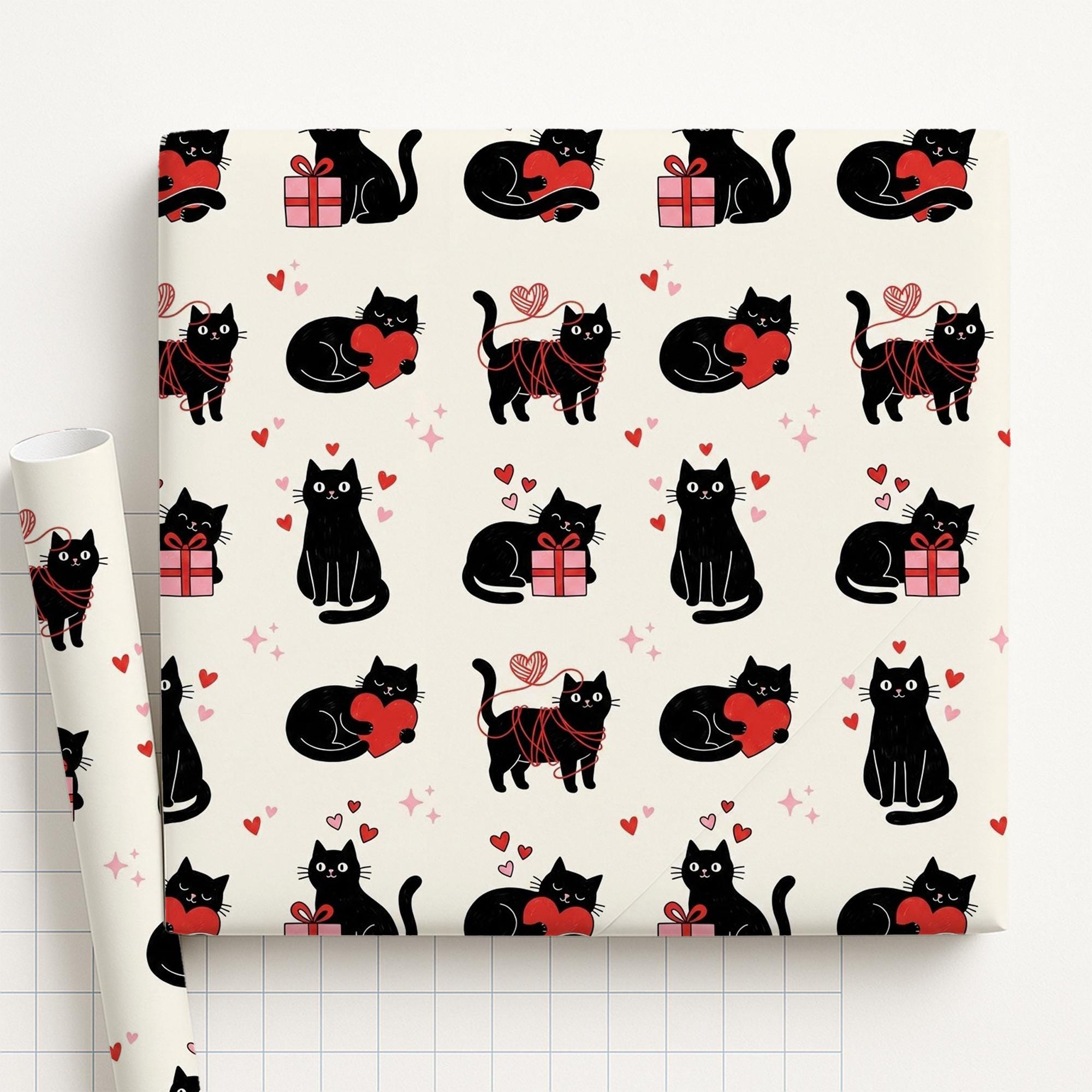 Valentine Wrapping Paper: Black Cat Pattern, Cream Background, Heart Motif image 2