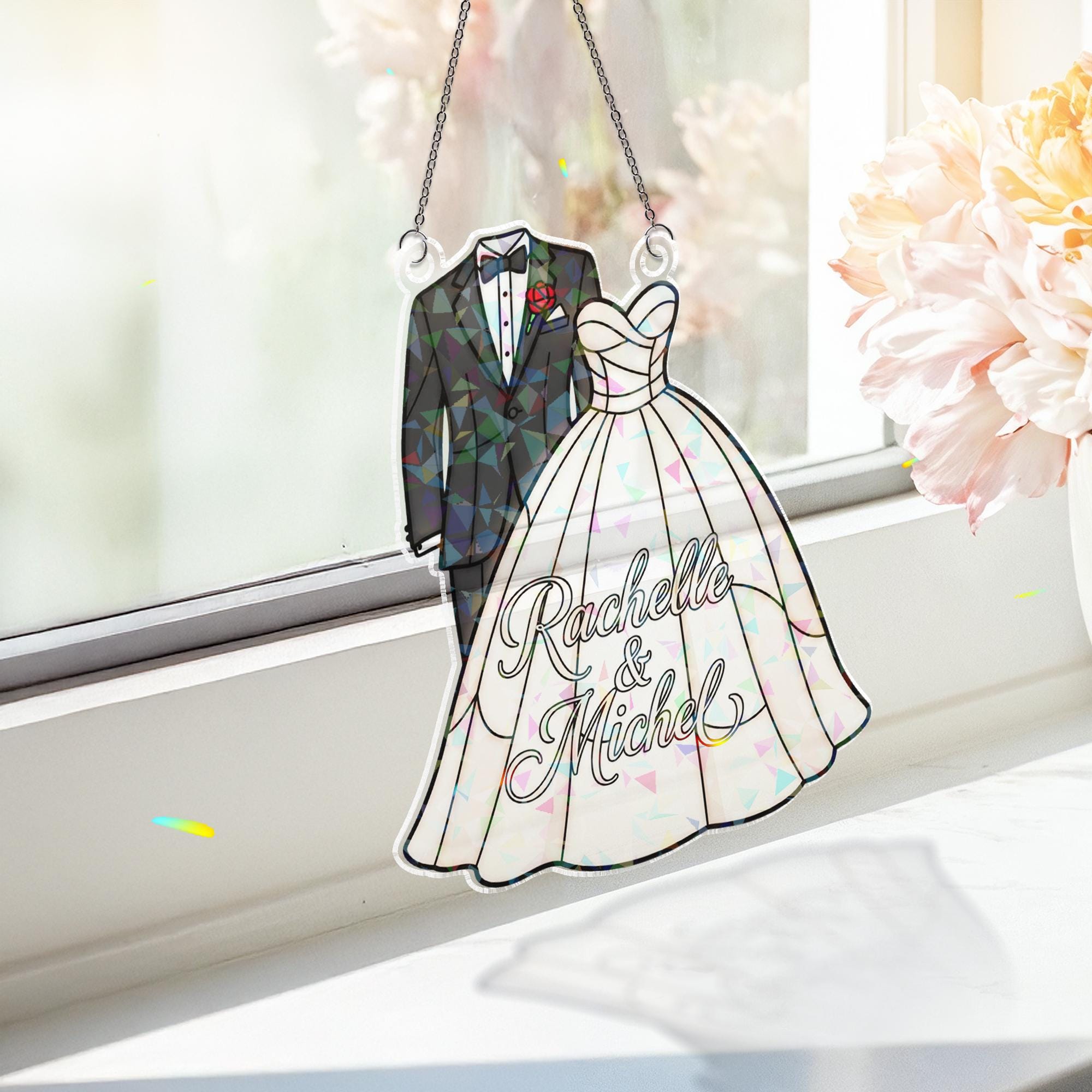 Holographic Acrylic Suncatcher: Wedding Dress and Tuxedo Design, Hanging Window Decoration image 2