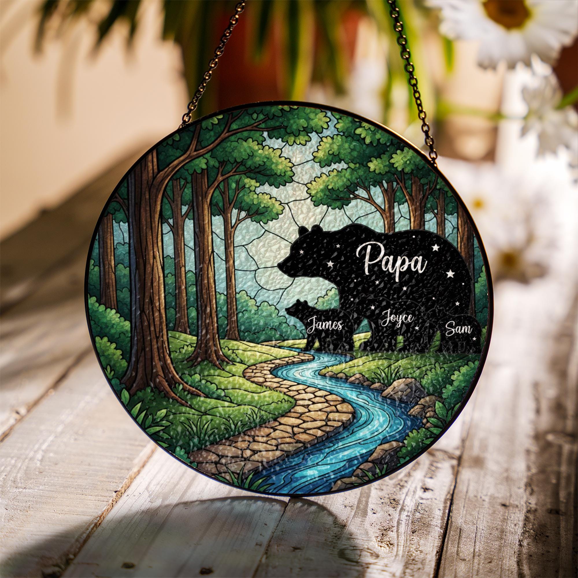 Glass Suncatcher: Forest Bear Silhouette, Personalized Names, Starry Night Design image 1