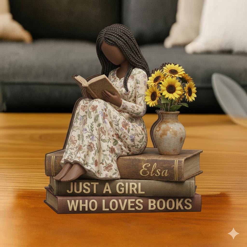 Custom Reader Figurine Wood Block: Personalized African American Girl Reading Printed Decor image 2