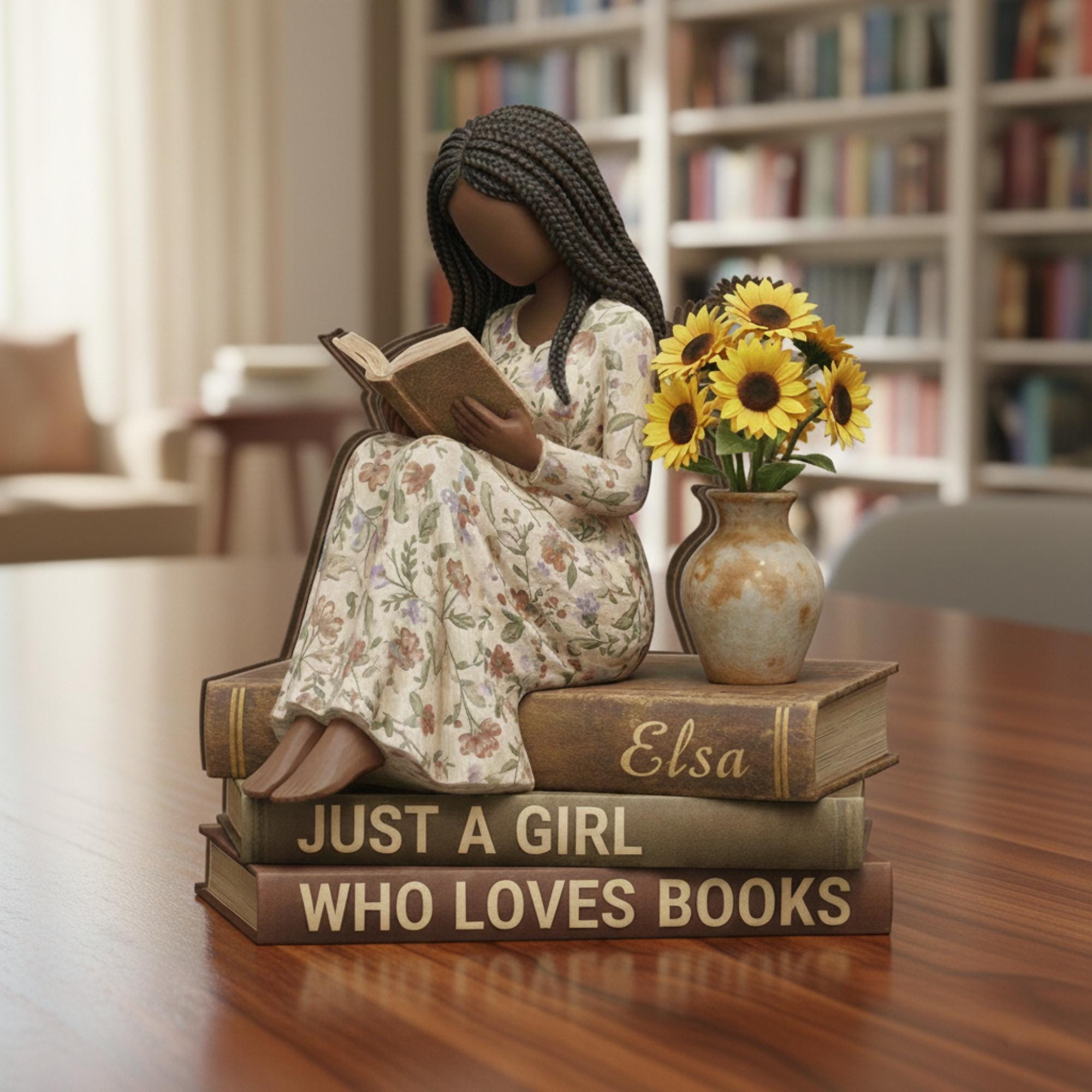 Custom Reader Figurine Wood Block: Personalized African American Girl Reading Printed Decor image 1