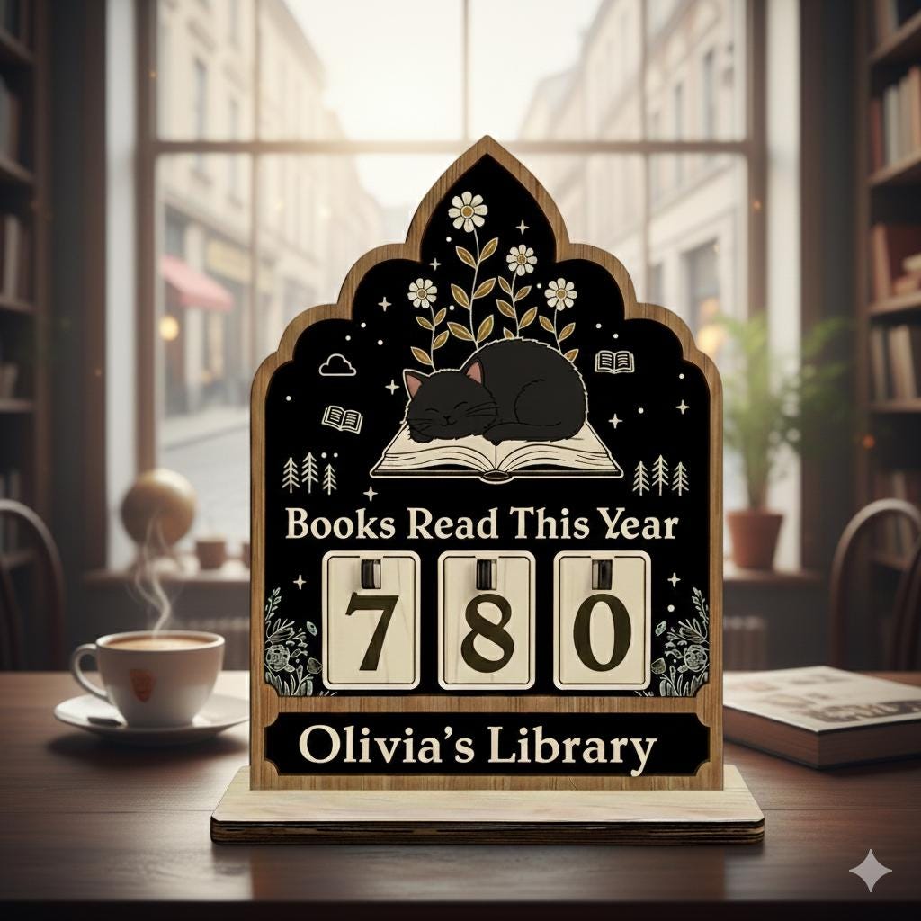 Custom Cat Reading Tracker Wood Sign: Personalized Book Counter Display with Base image 2