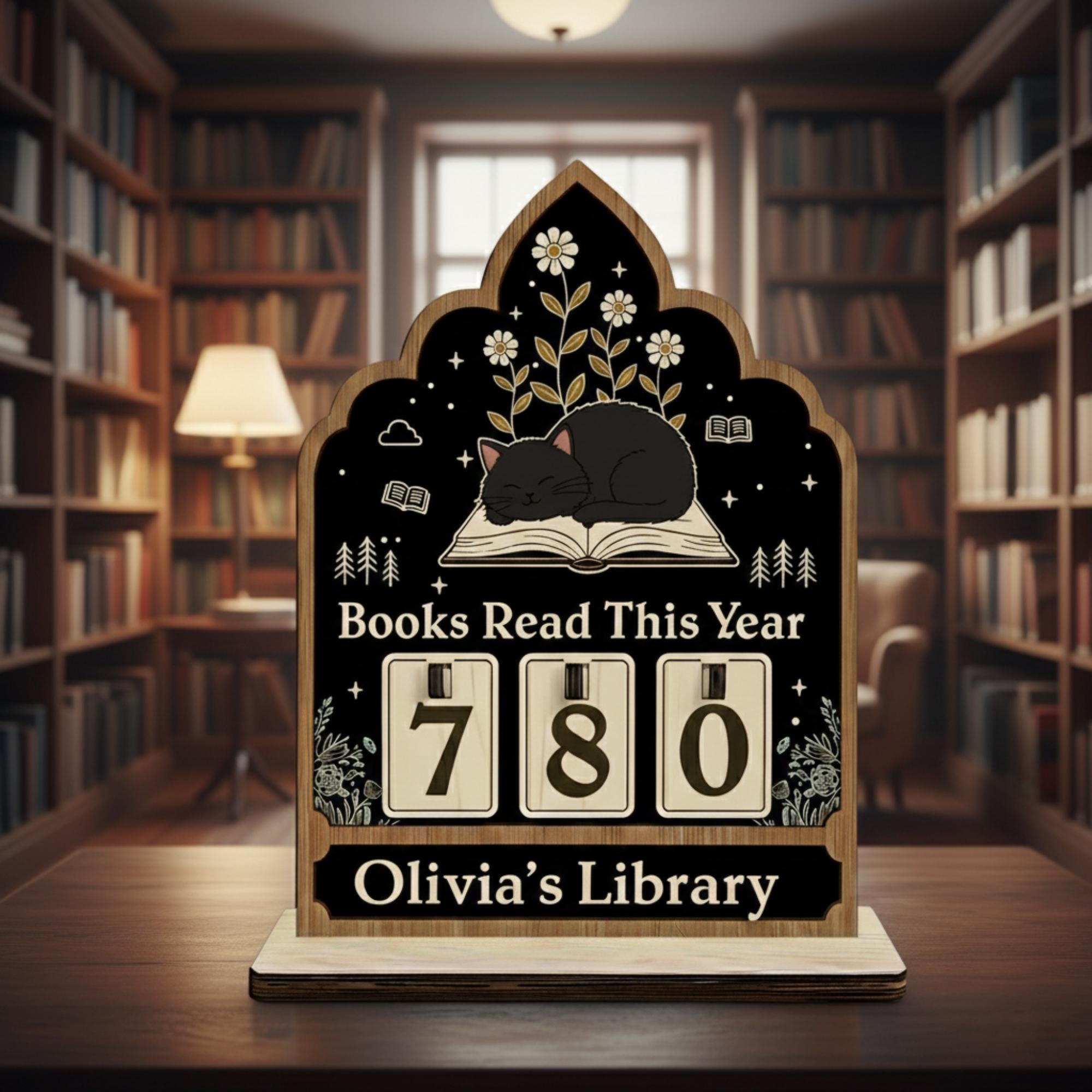 Custom Cat Reading Tracker Wood Sign: Personalized Book Counter Display with Base image 1