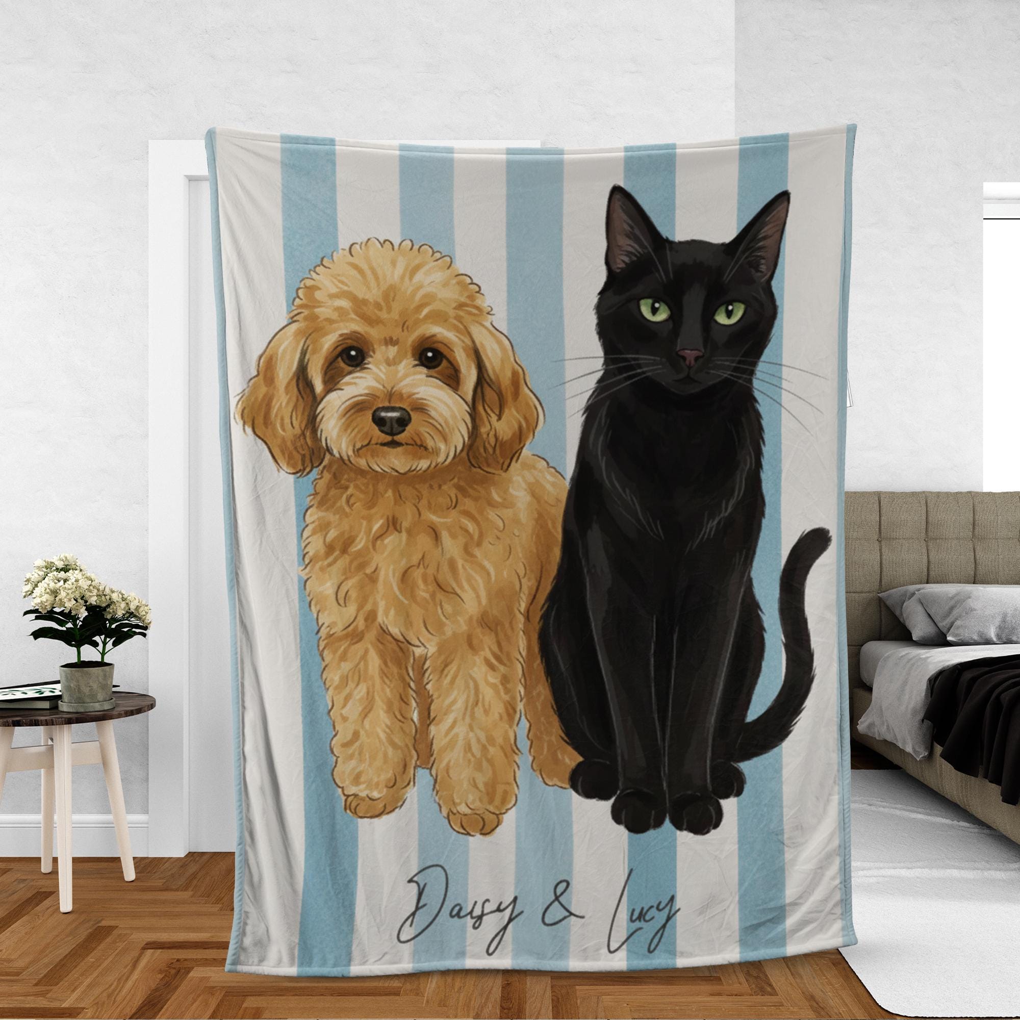 Custom Pet Portrait Fleece Blanket: Personalized Dog and Cat Stripe image 2