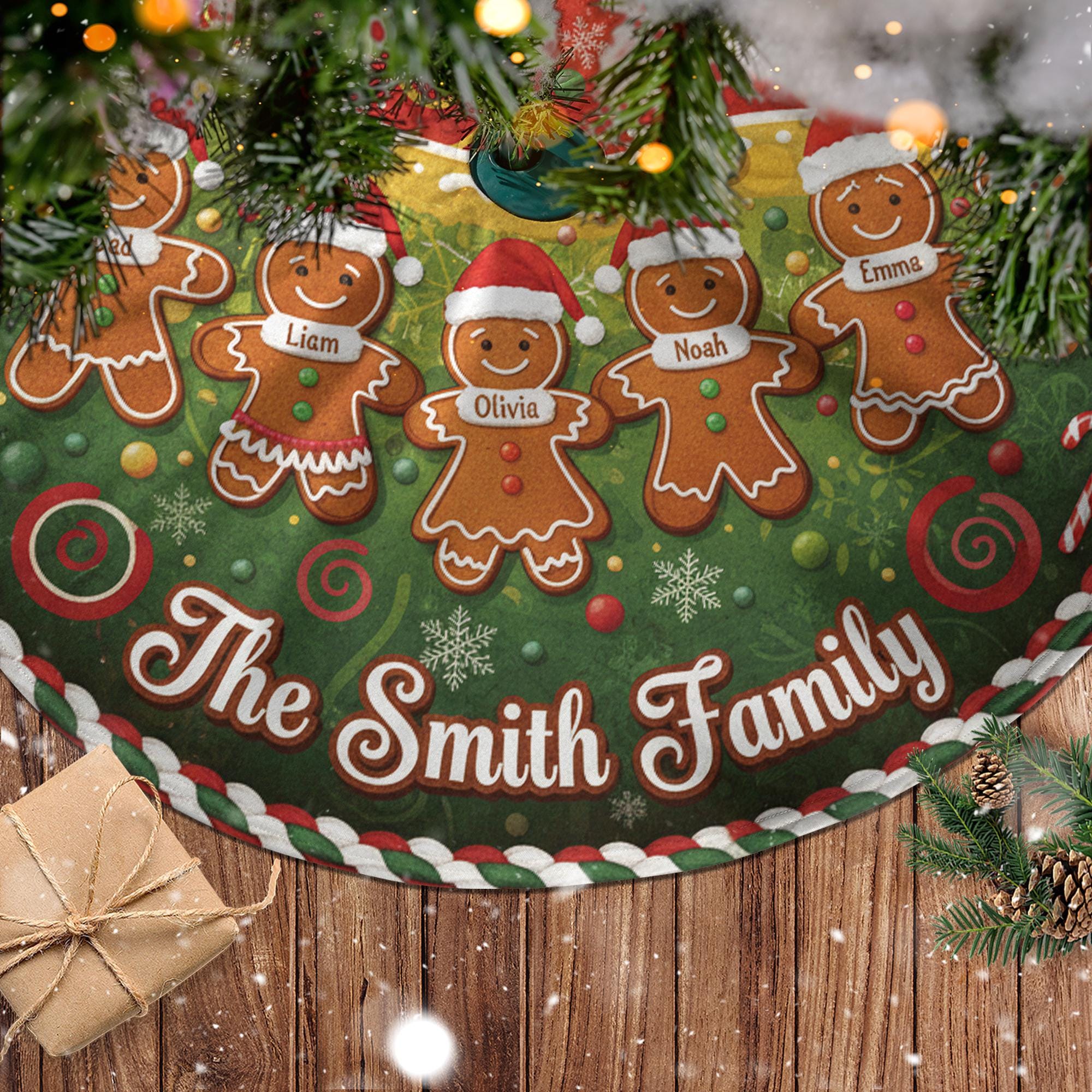 Custom Christmas Tree Skirt, Gingerbread Family Names, Red Green Candy Cane, Round Fireplace Decor image 2