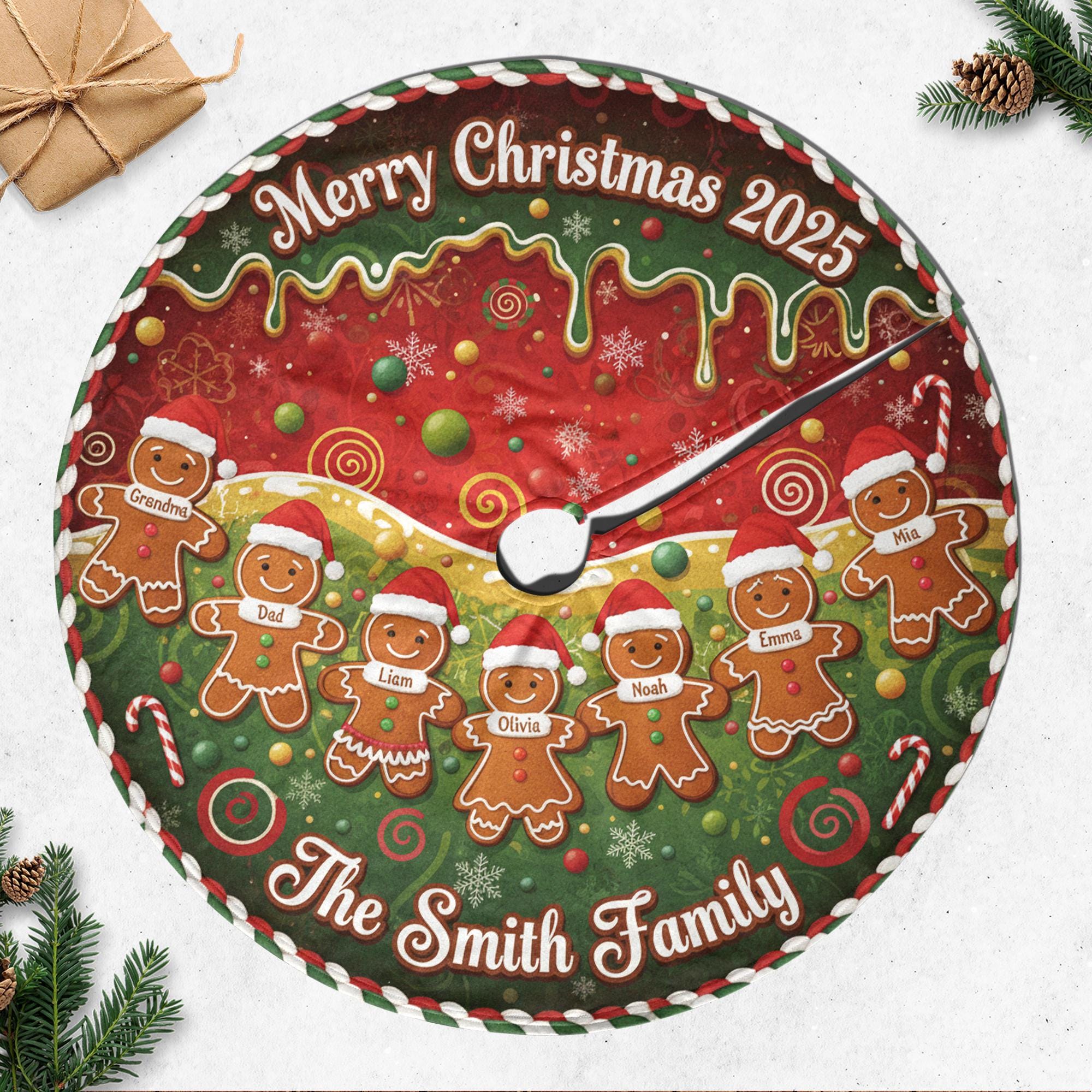Custom Christmas Tree Skirt, Gingerbread Family Names, Red Green Candy Cane, Round Fireplace Decor image 1