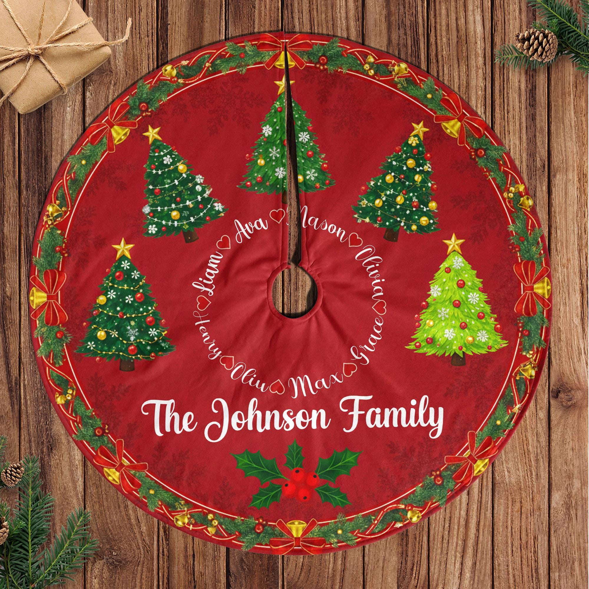 Custom Christmas Tree Skirt, Personalized Family Name, Red Round Evergreen Tree Pattern, Garland Border image 1