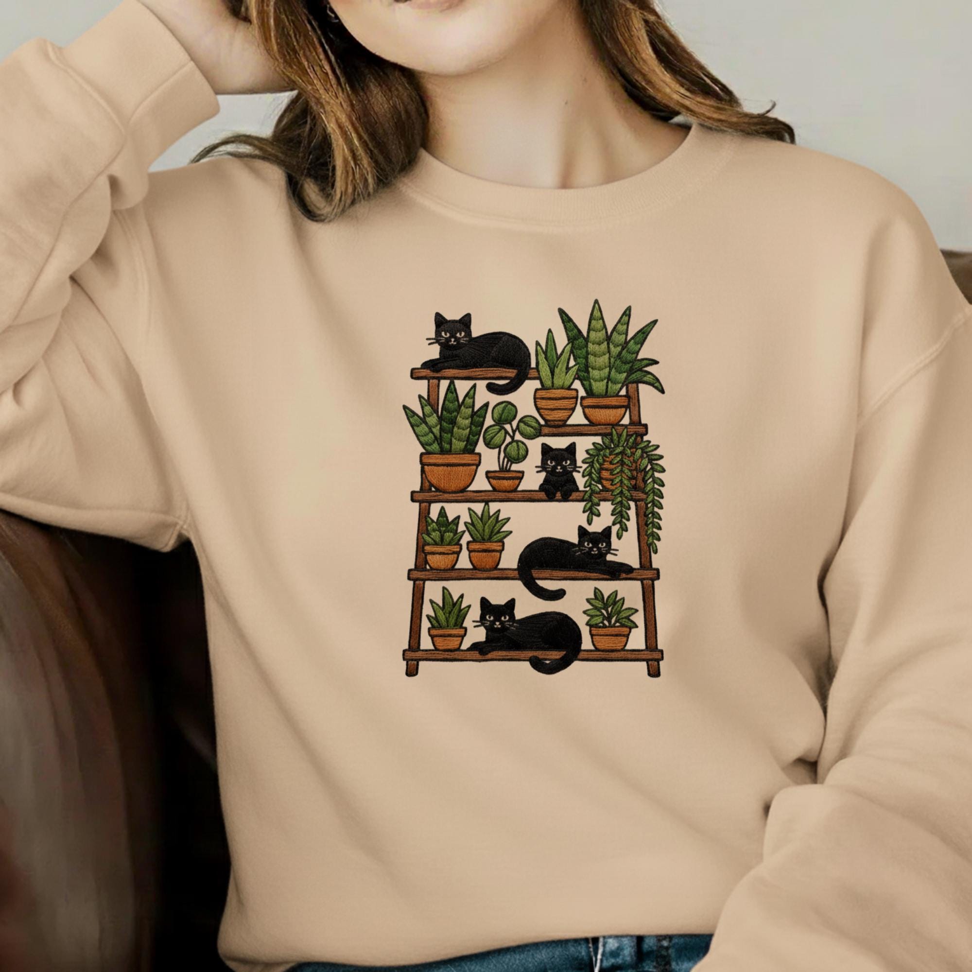 Cat and Plant Embroidered Sweatshirt: Personalized Botanical Breed Embroidery T-Shirt image 3