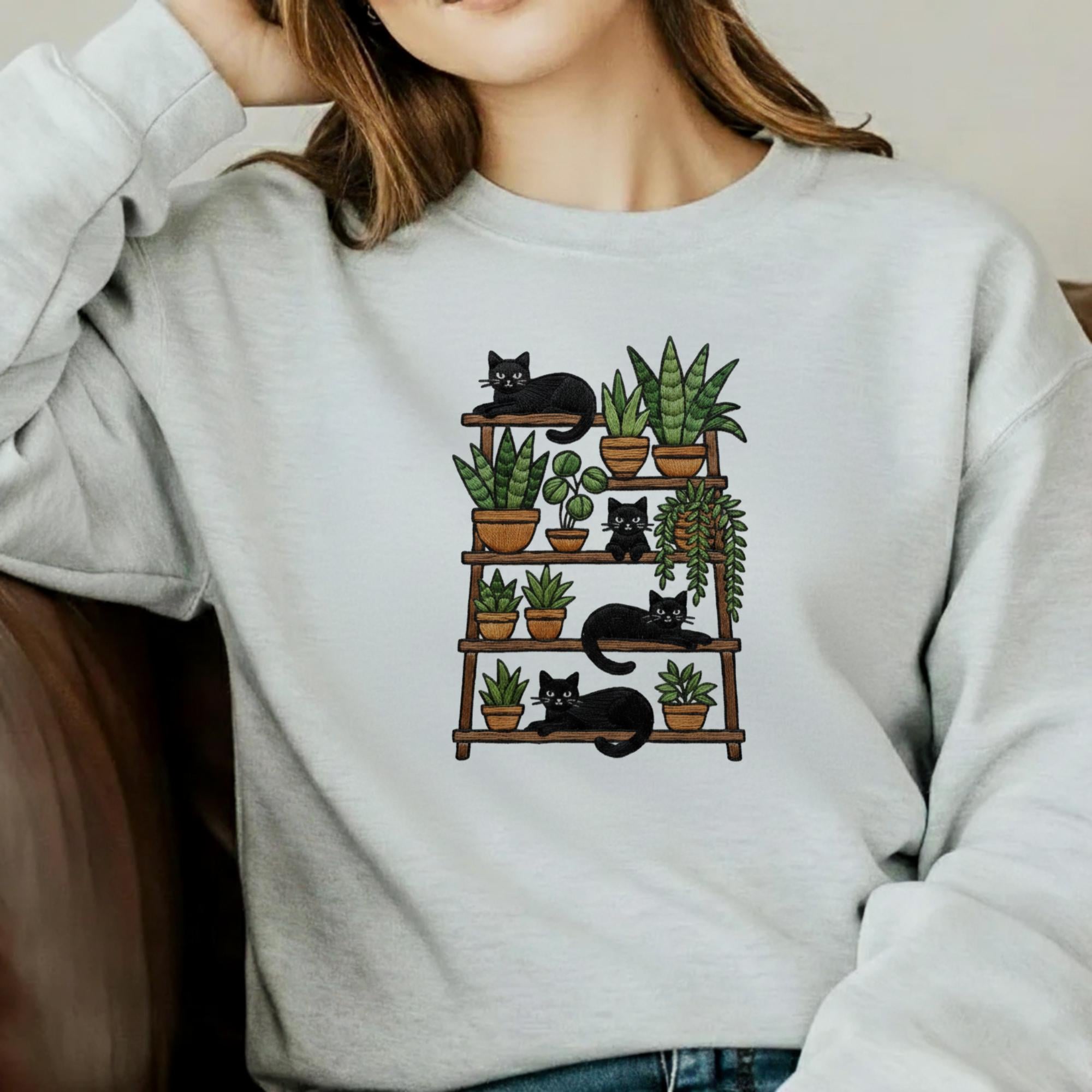 Cat and Plant Embroidered Sweatshirt: Personalized Botanical Breed Embroidery T-Shirt image 1