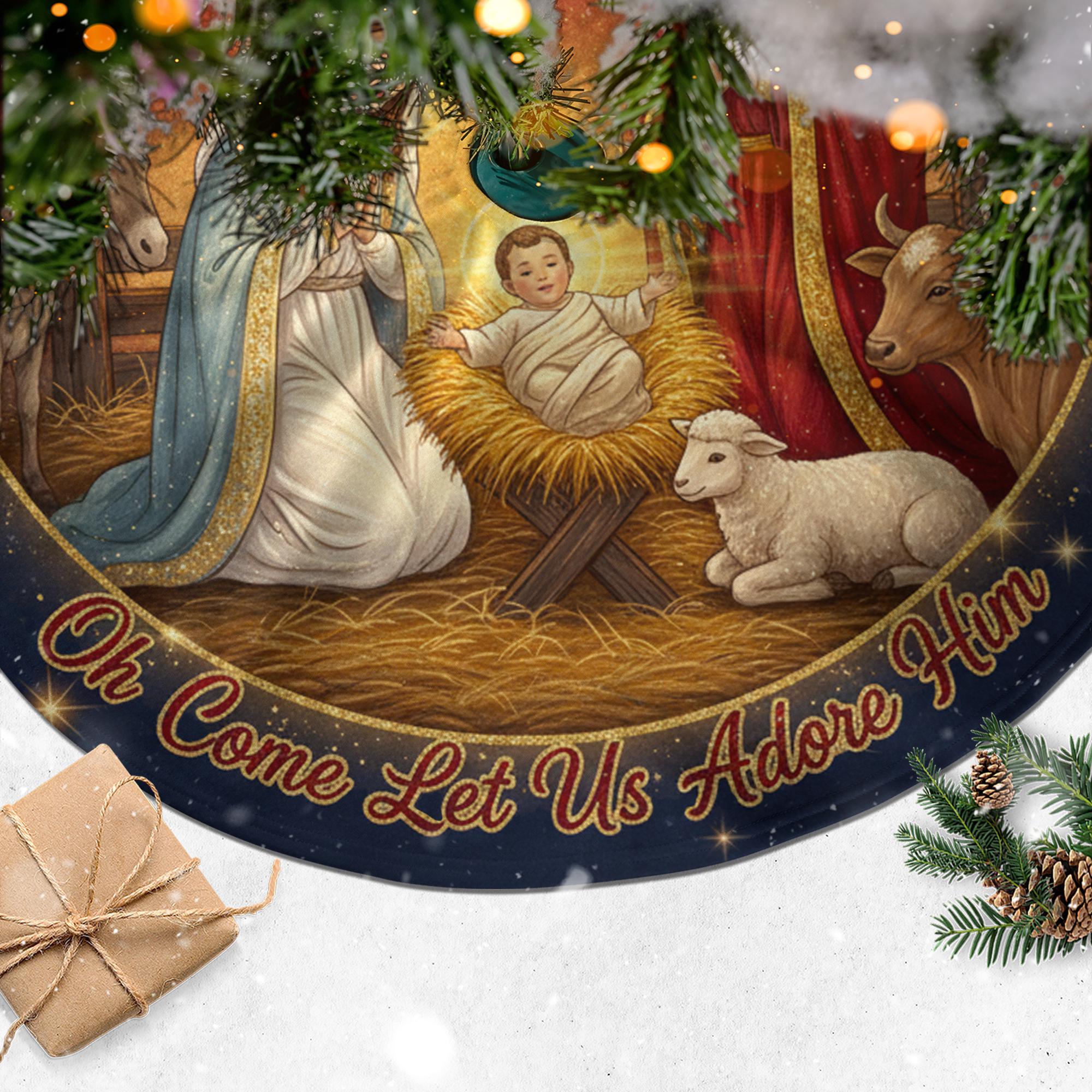 Nativity Christmas Tree Skirt, Navy Blue Round Manger Scene, Holy Family, Gold Star Border image 2