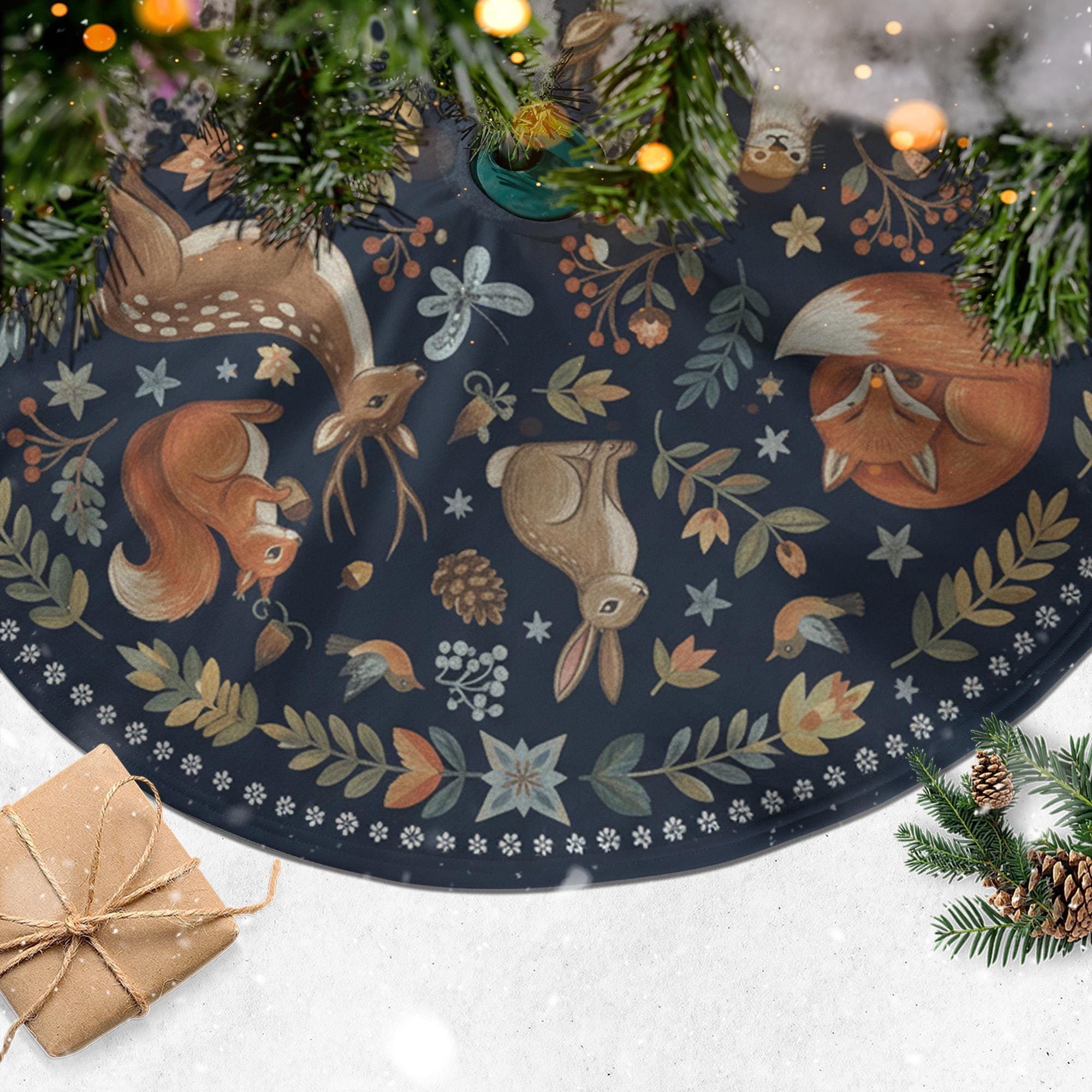 Woodland Animals Christmas Tree Skirt: Navy Blue Forest Pattern, Fox, Deer, Owl image 2