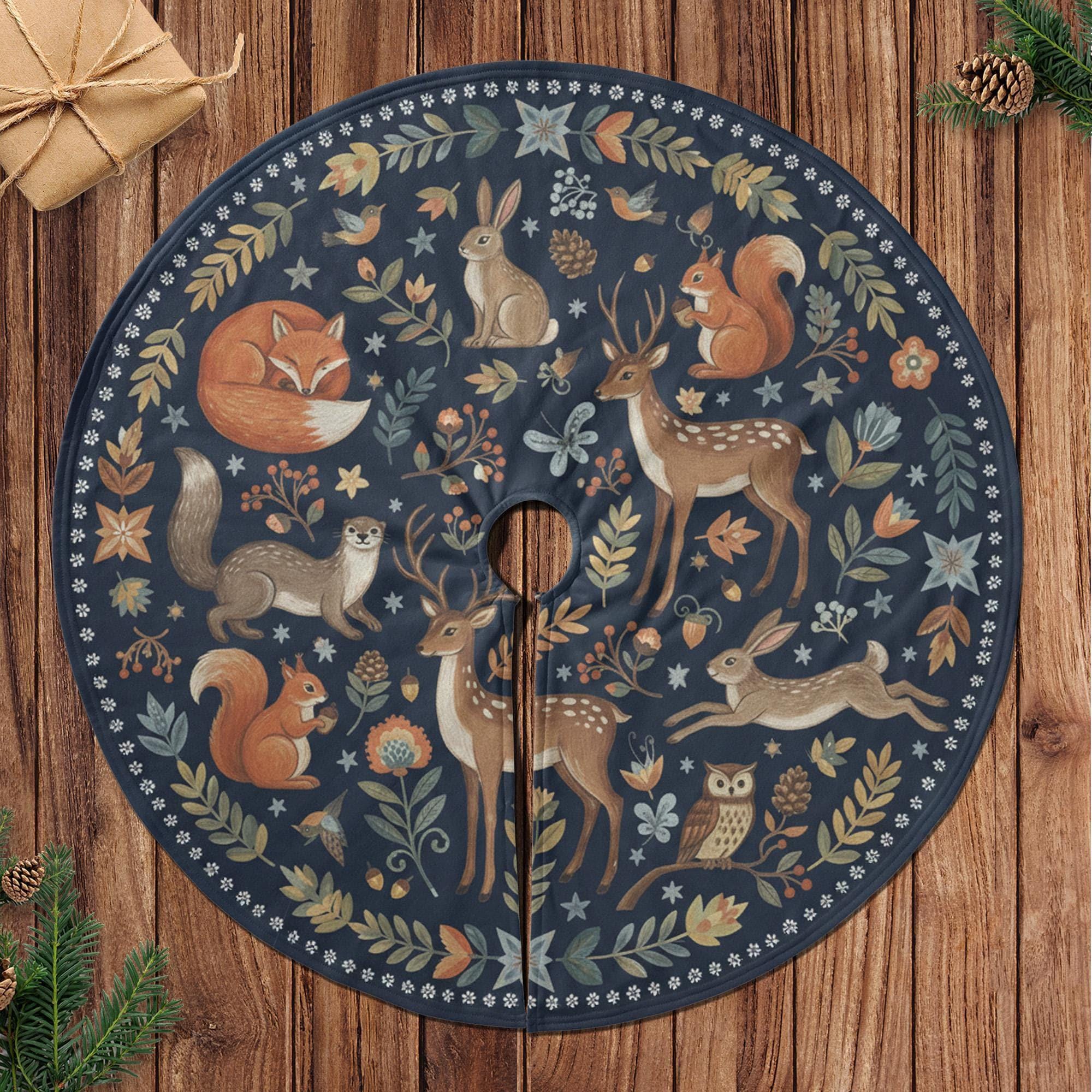 Woodland Animals Christmas Tree Skirt: Navy Blue Forest Pattern, Fox, Deer, Owl image 3