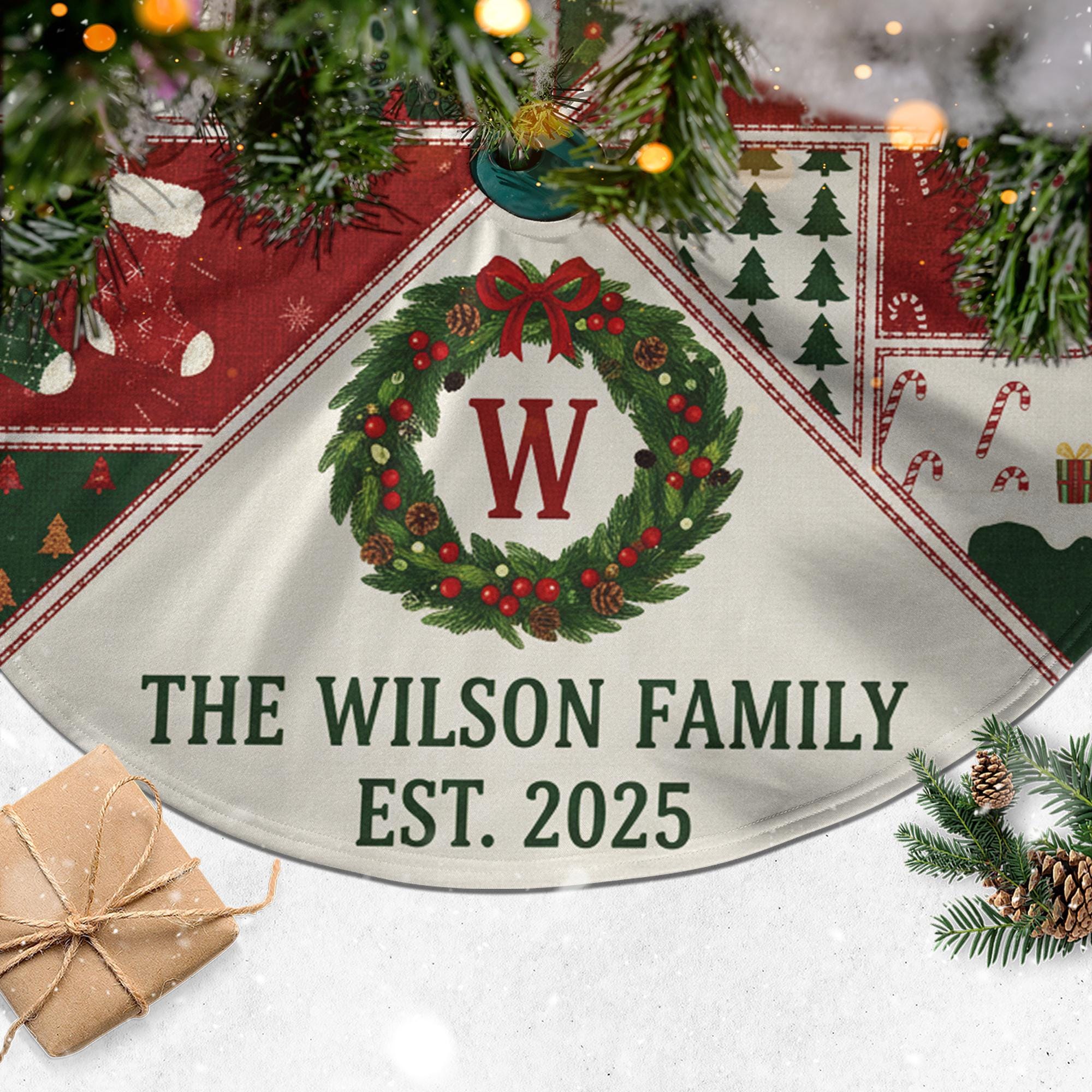 Personalized Christmas Tree Skirt, Patchwork Holiday Blocks, Family Name Wreath Monogram image 2