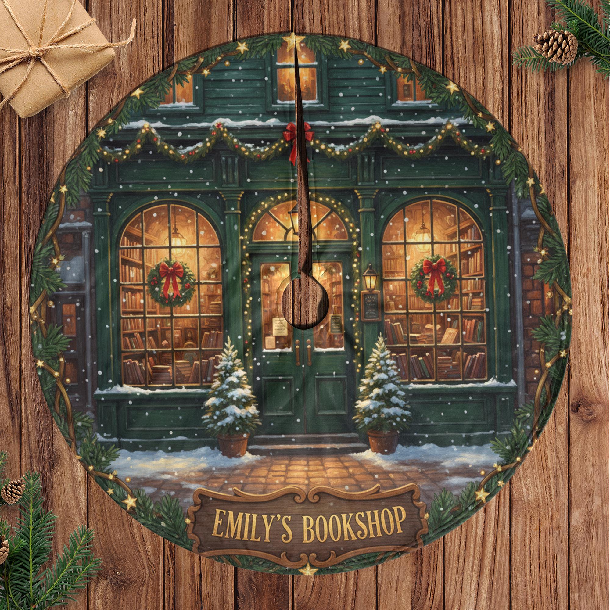 Personalized Bookstore Christmas Tree Skirt, Bookshop Storefront Winter Scene image 1