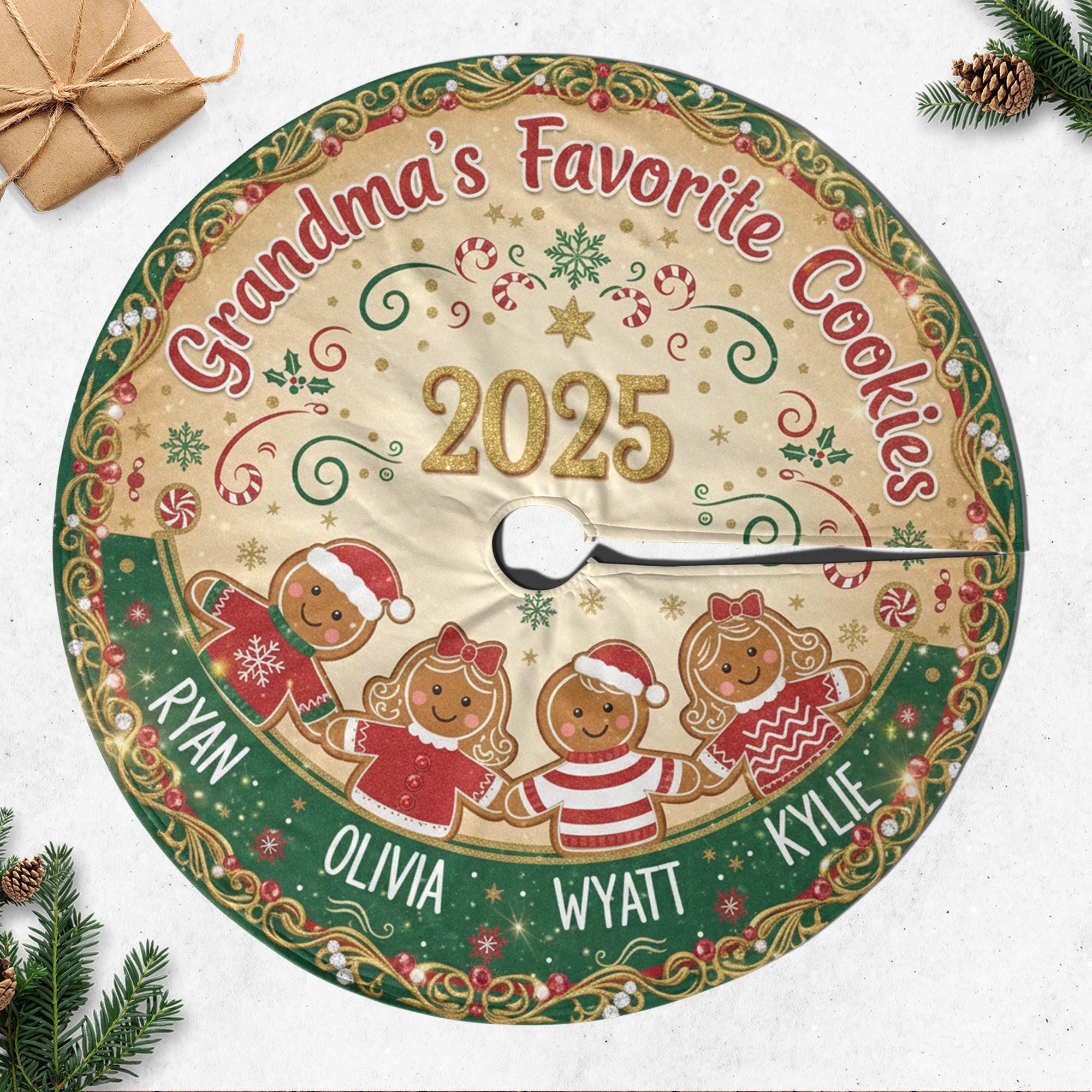 Personalized Grandma Tree Skirt, Gingerbread Grandkids Names, Green Gold Round Christmas Tree Base Cover image 1