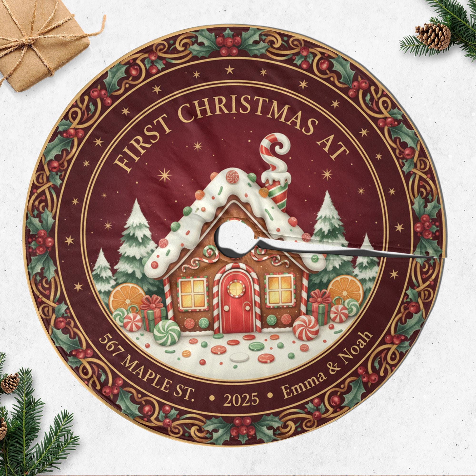 Personalized Christmas Gingerbread Tree Skirt, First Holiday in New Home, Custom Name Address Year image 1