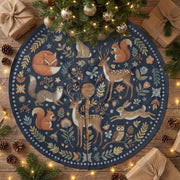 Woodland Animals Christmas Tree Skirt: Navy Blue Forest Pattern, Fox, Deer, Owl image 1