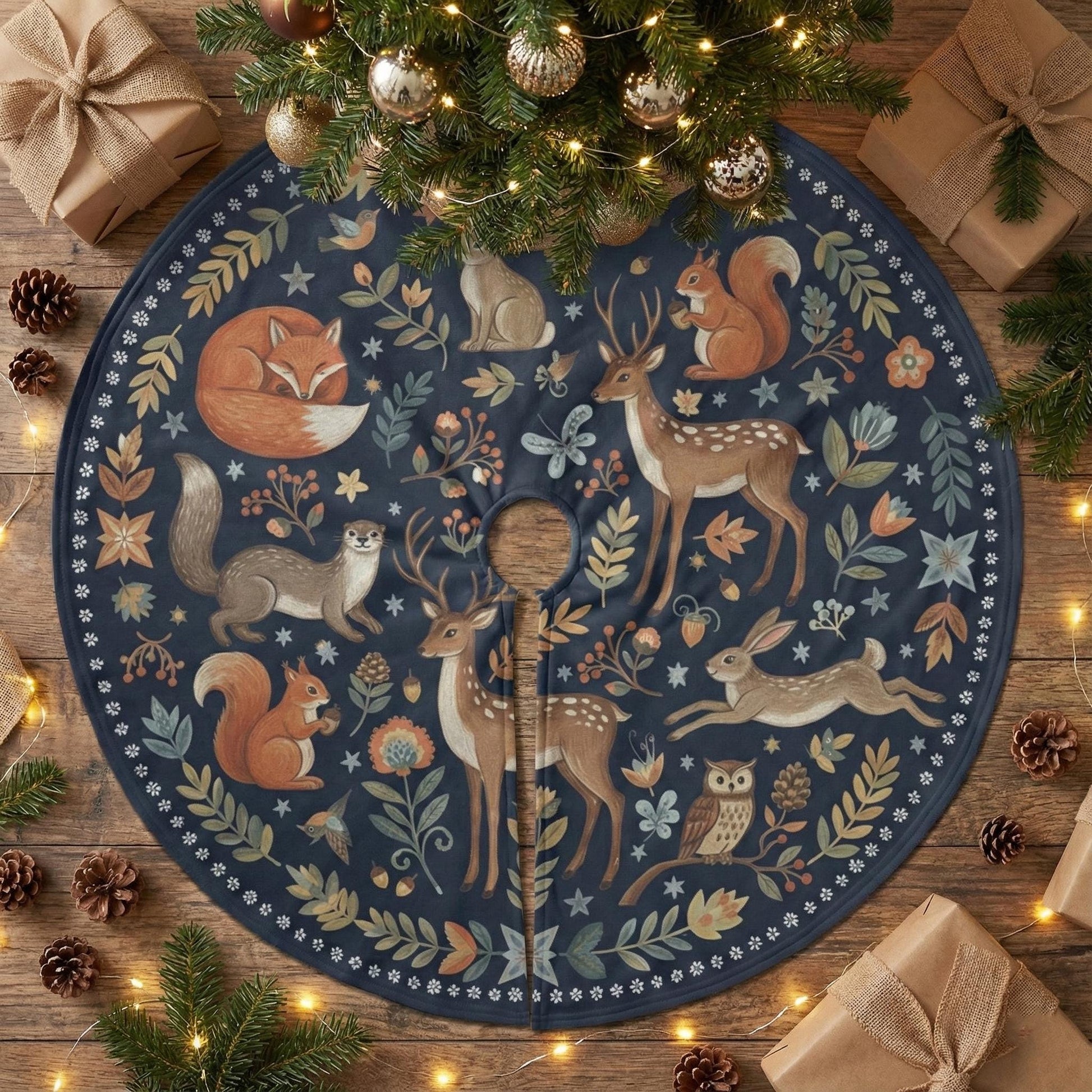 Woodland Animals Christmas Tree Skirt: Navy Blue Forest Pattern, Fox, Deer, Owl image 1