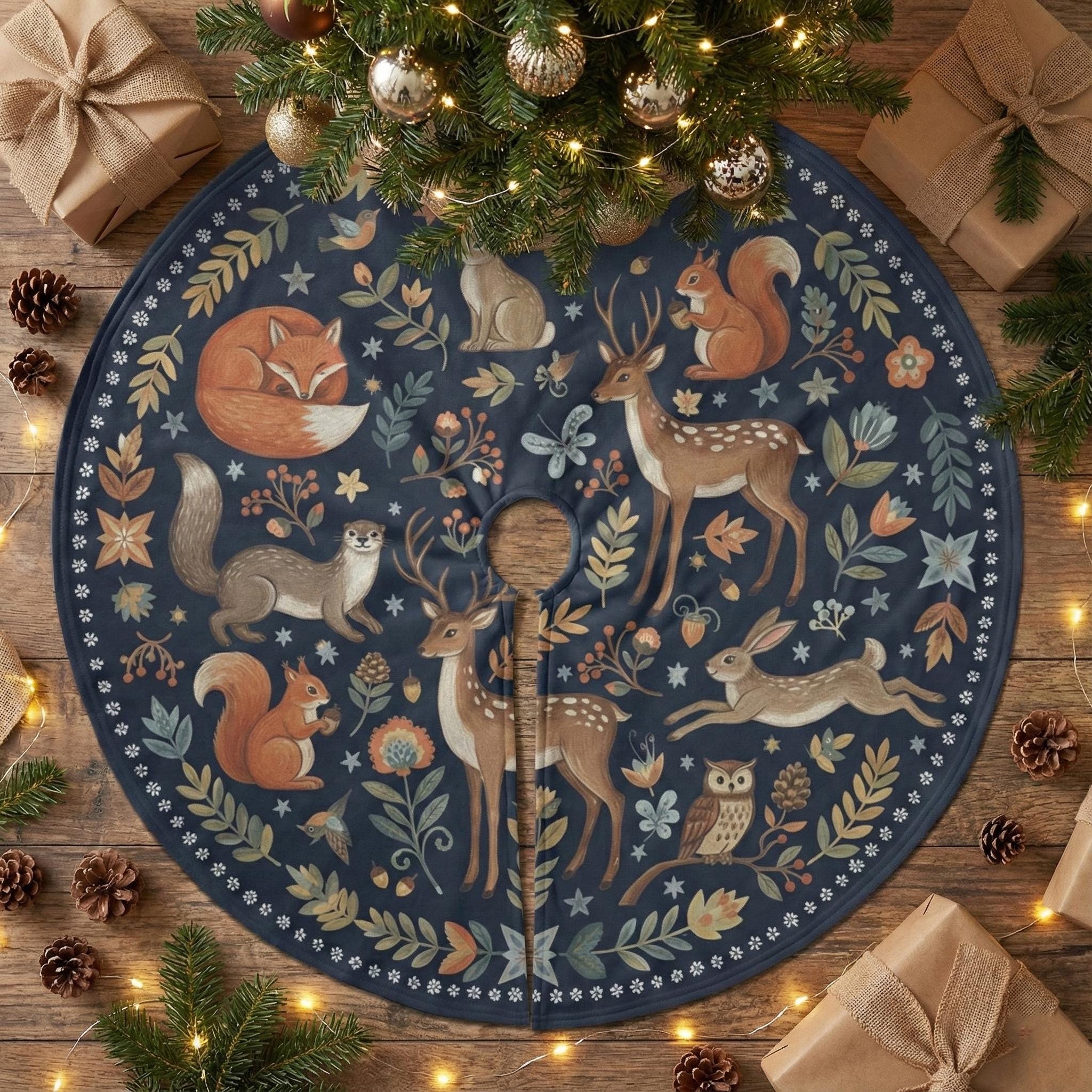 Woodland Animals Christmas Tree Skirt: Navy Blue Forest Pattern, Fox, Deer, Owl image 1
