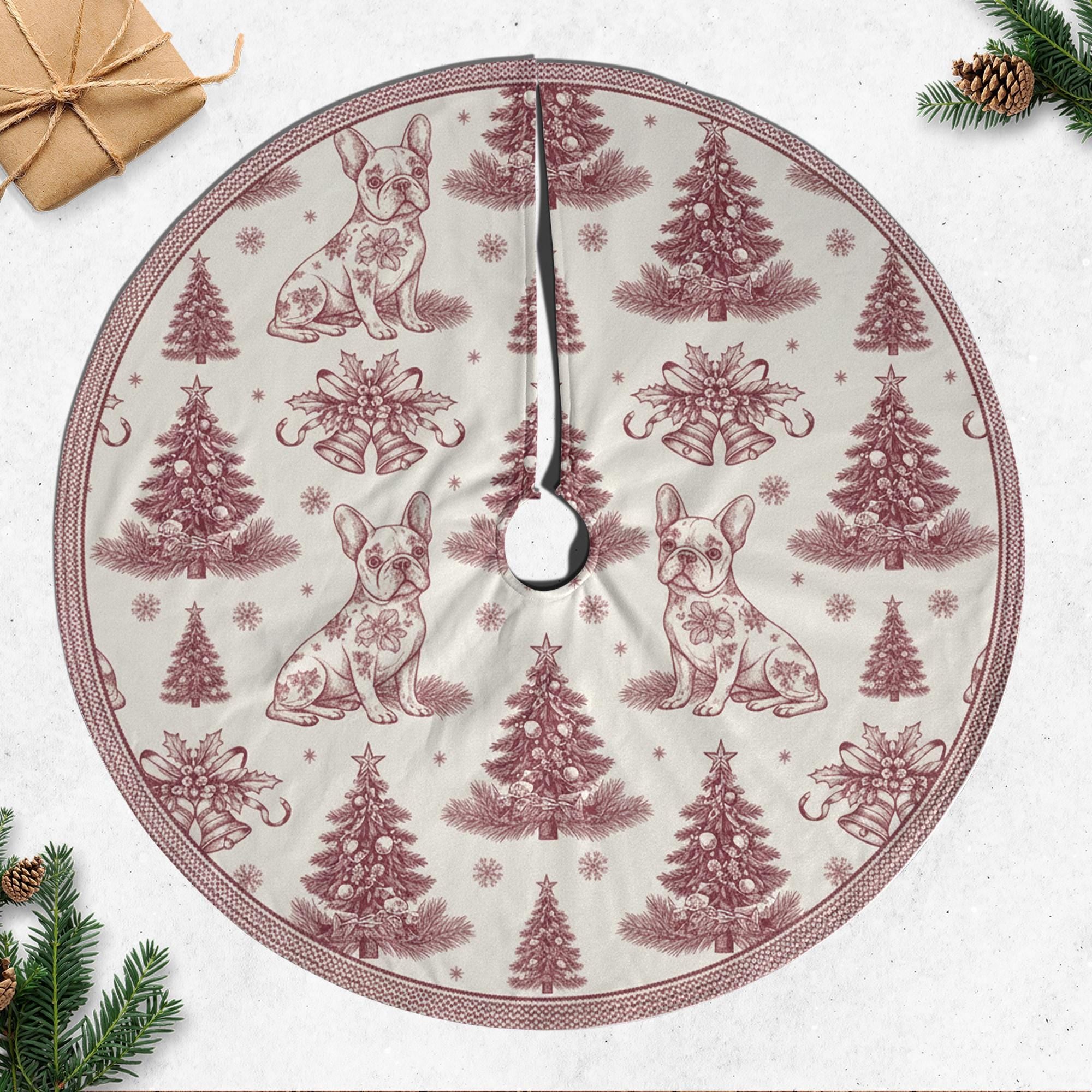 Custom Pet Breed Christmas Tree Skirt, French Pet Toile Pattern, Red White Base Cover image 2