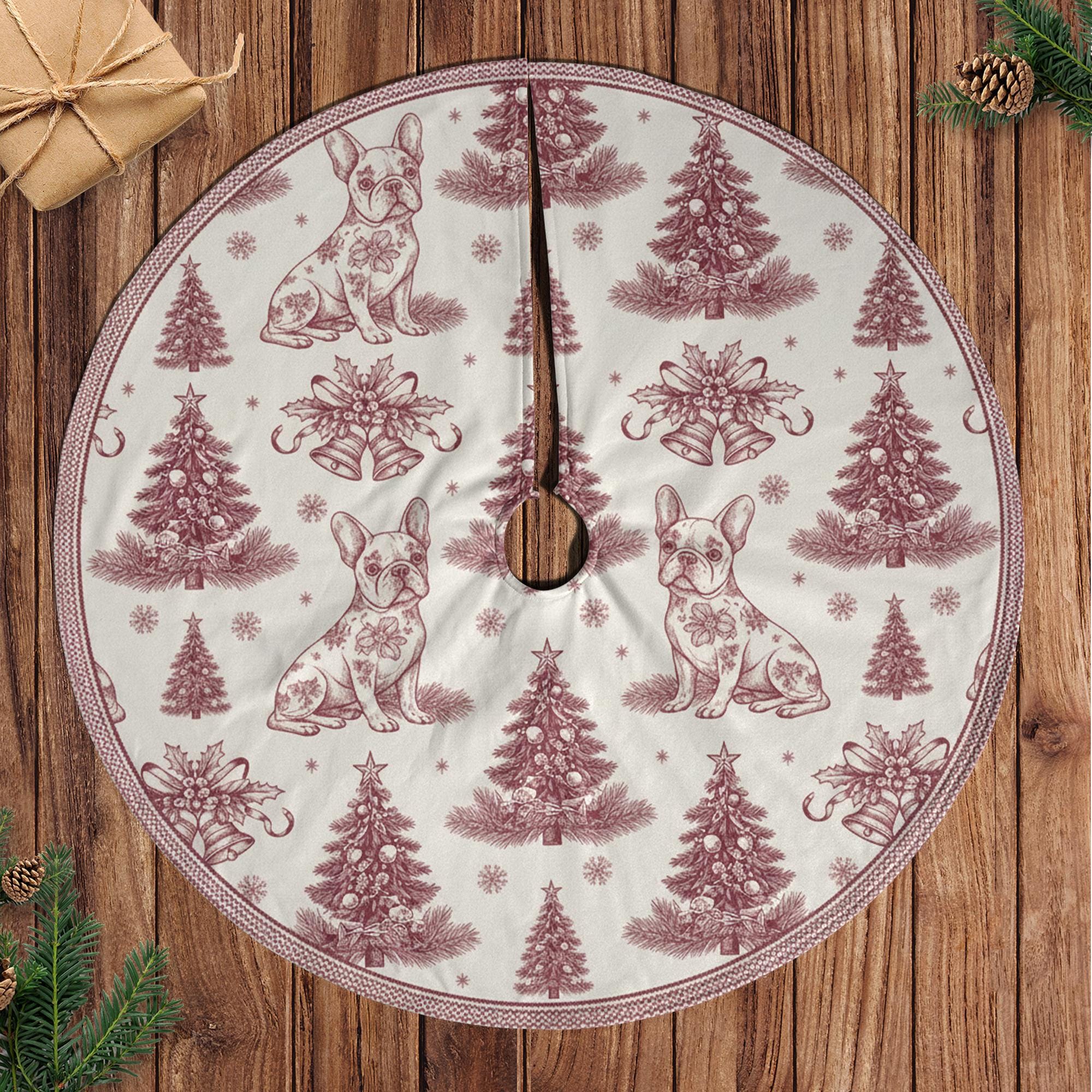 Custom Pet Breed Christmas Tree Skirt, French Pet Toile Pattern, Red White Base Cover image 1