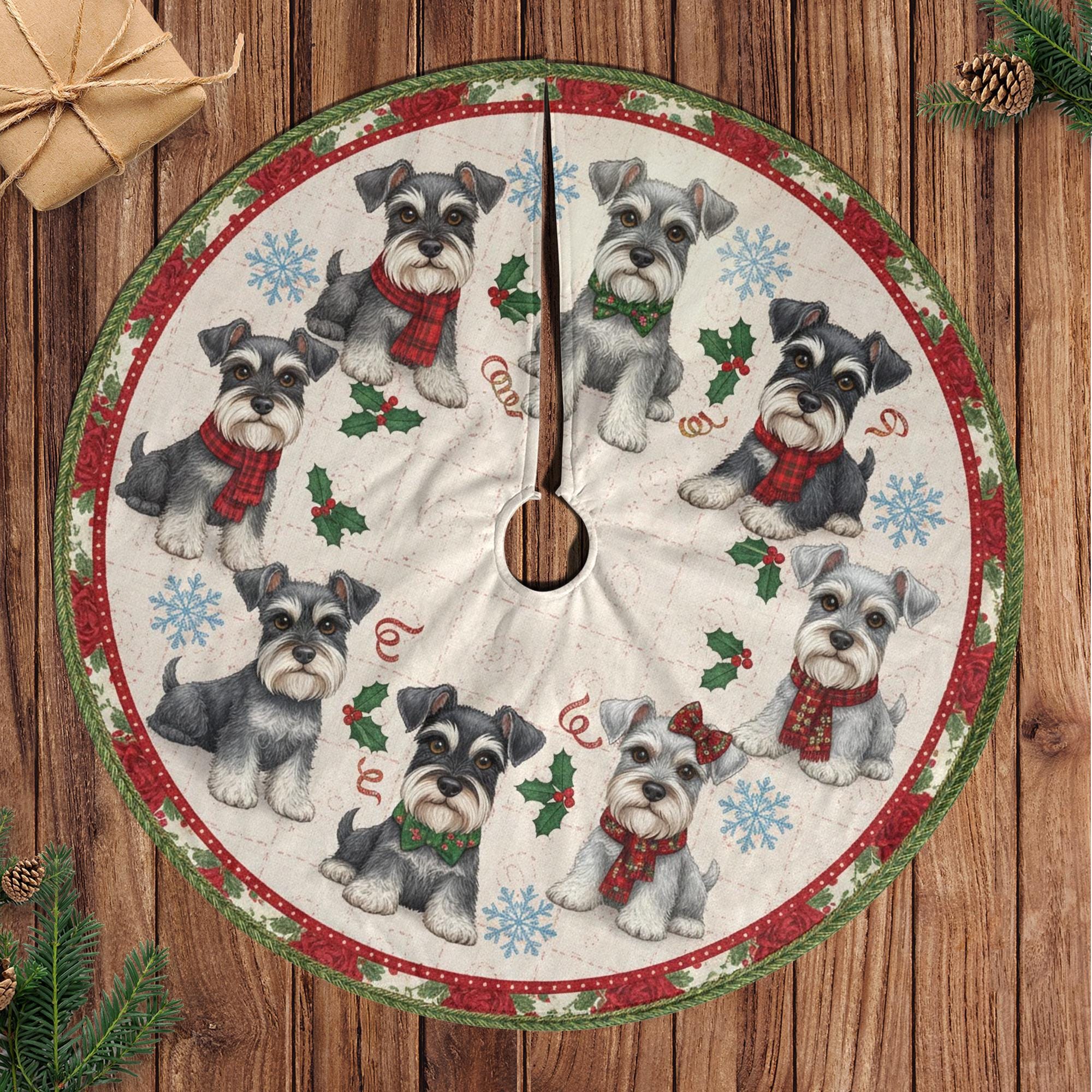 Schnauzer Christmas Tree Skirt, Dog Pattern Round Tree Base Cover, Holly Snowflake Border image 1