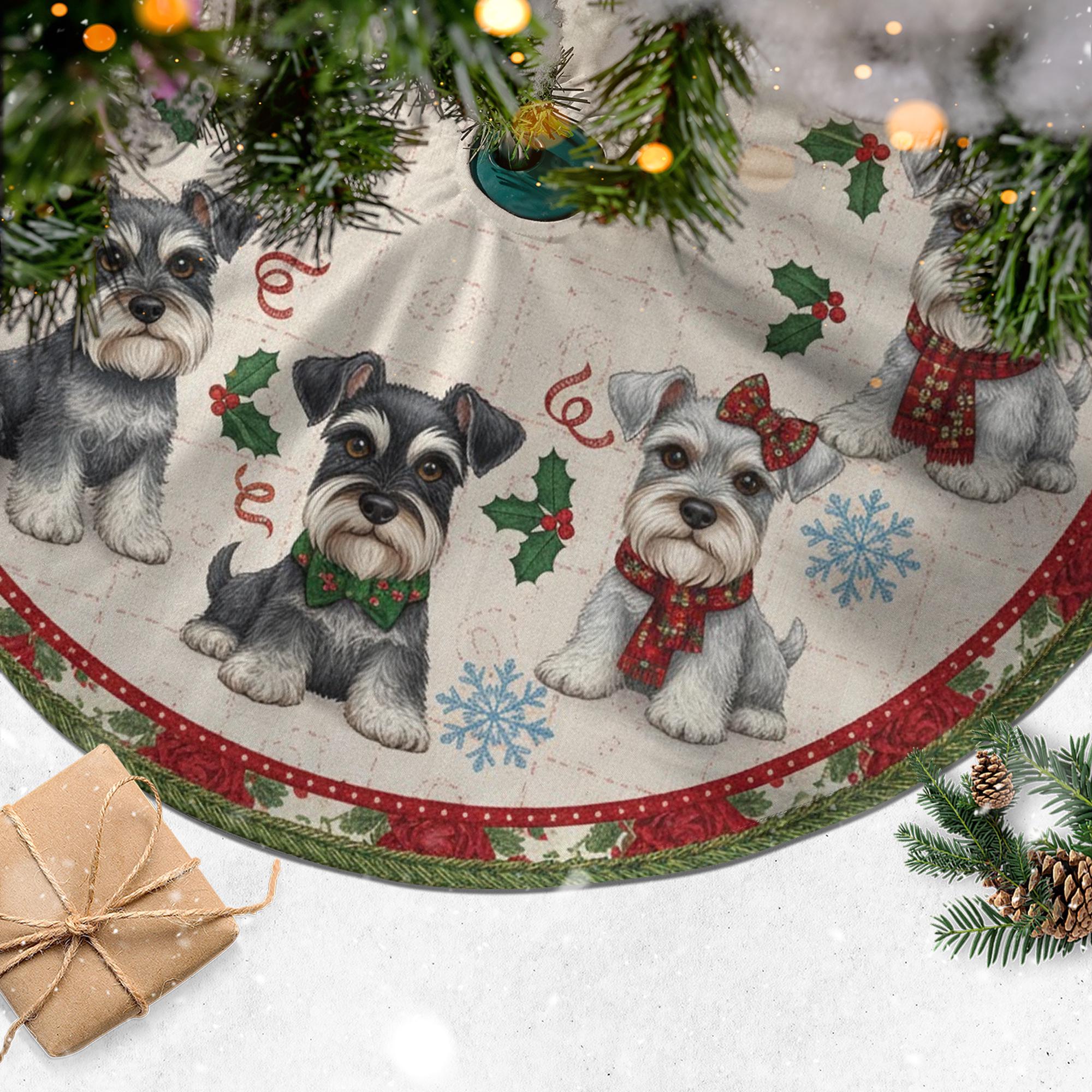 Schnauzer Christmas Tree Skirt, Dog Pattern Round Tree Base Cover, Holly Snowflake Border image 2
