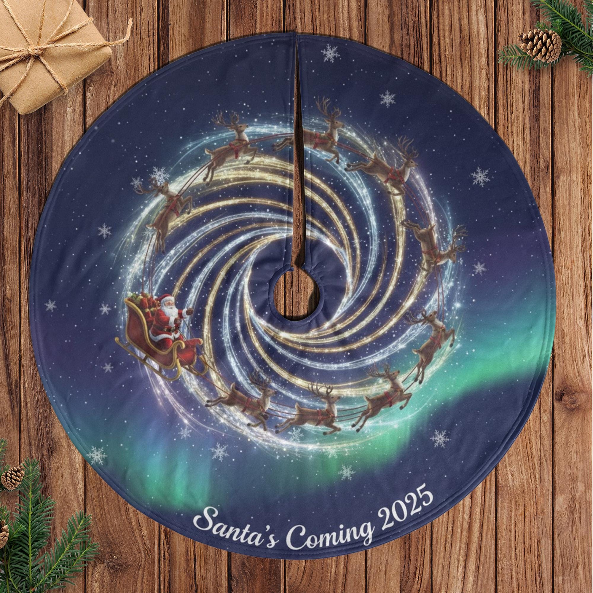 Santa Sleigh Tree Skirt, Reindeer Spiral Aurora Night, Navy Blue Round Tree Base Cover image 3