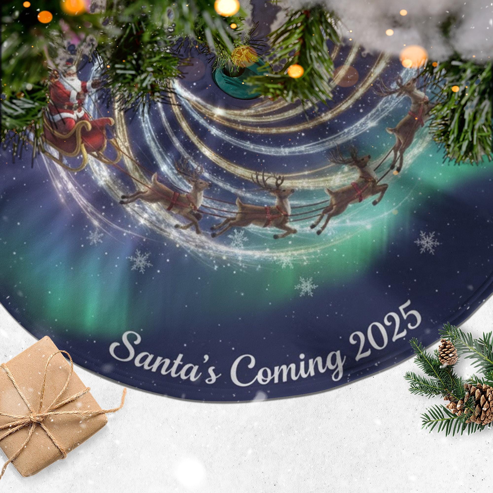Santa Sleigh Tree Skirt, Reindeer Spiral Aurora Night, Navy Blue Round Tree Base Cover image 2