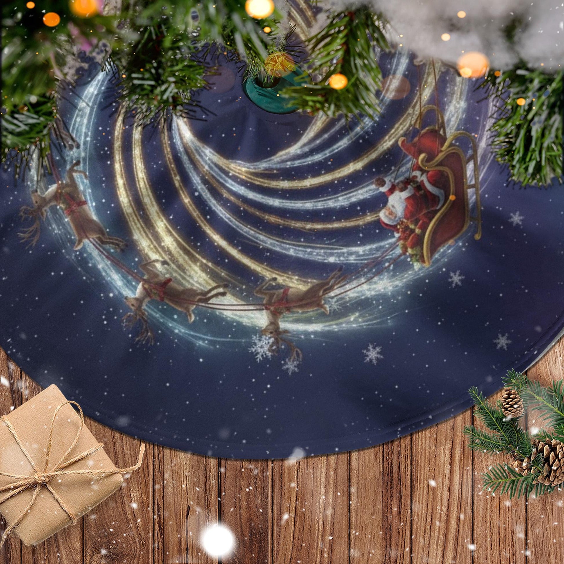 Santa Sleigh Tree Skirt, Reindeer Spiral Aurora Night, Navy Blue Round Tree Base Cover image 4