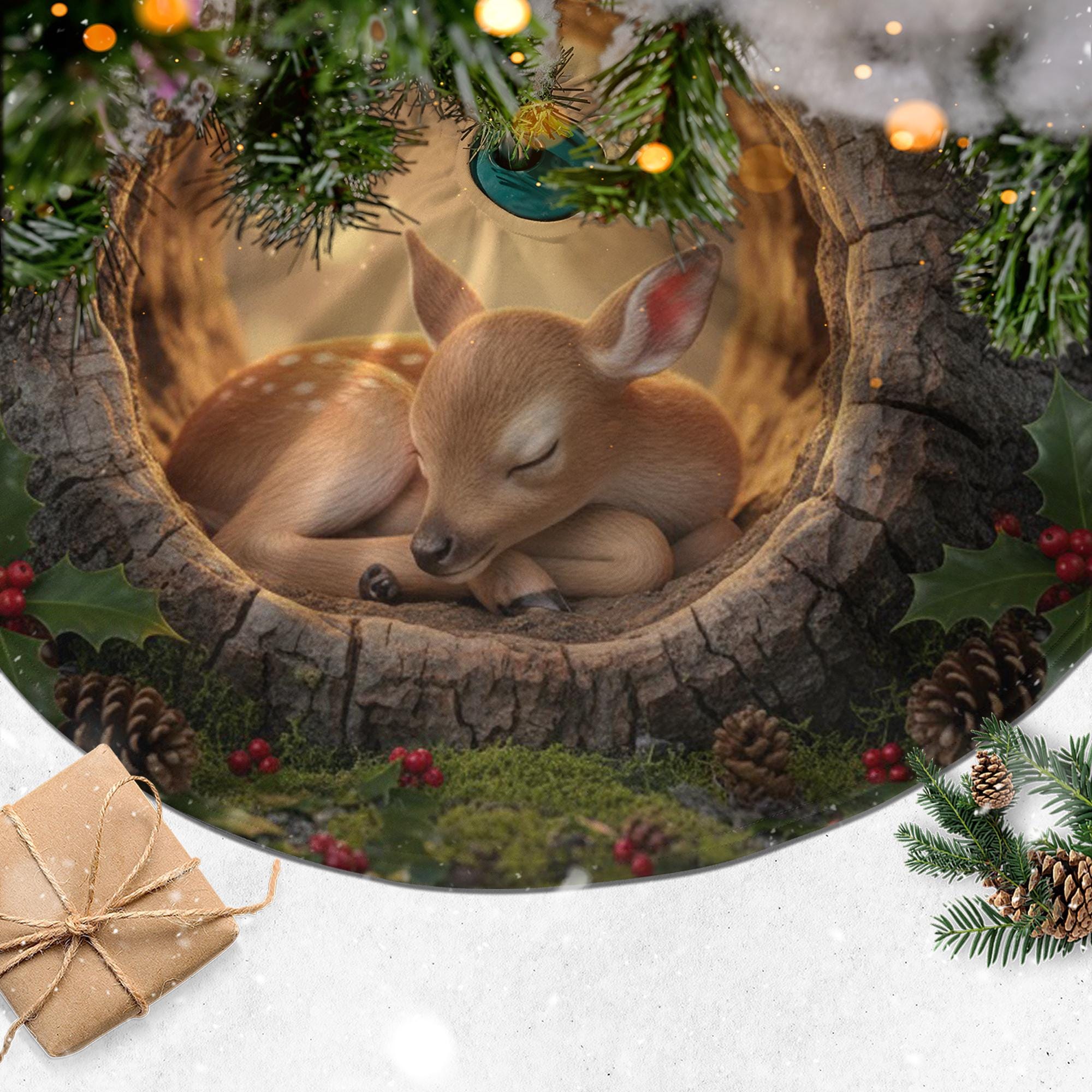 Woodland Fawn Christmas Tree Skirt, Sleeping Deer Tree Hollow Scene, Evergreen Boughs Red Ornaments image 2