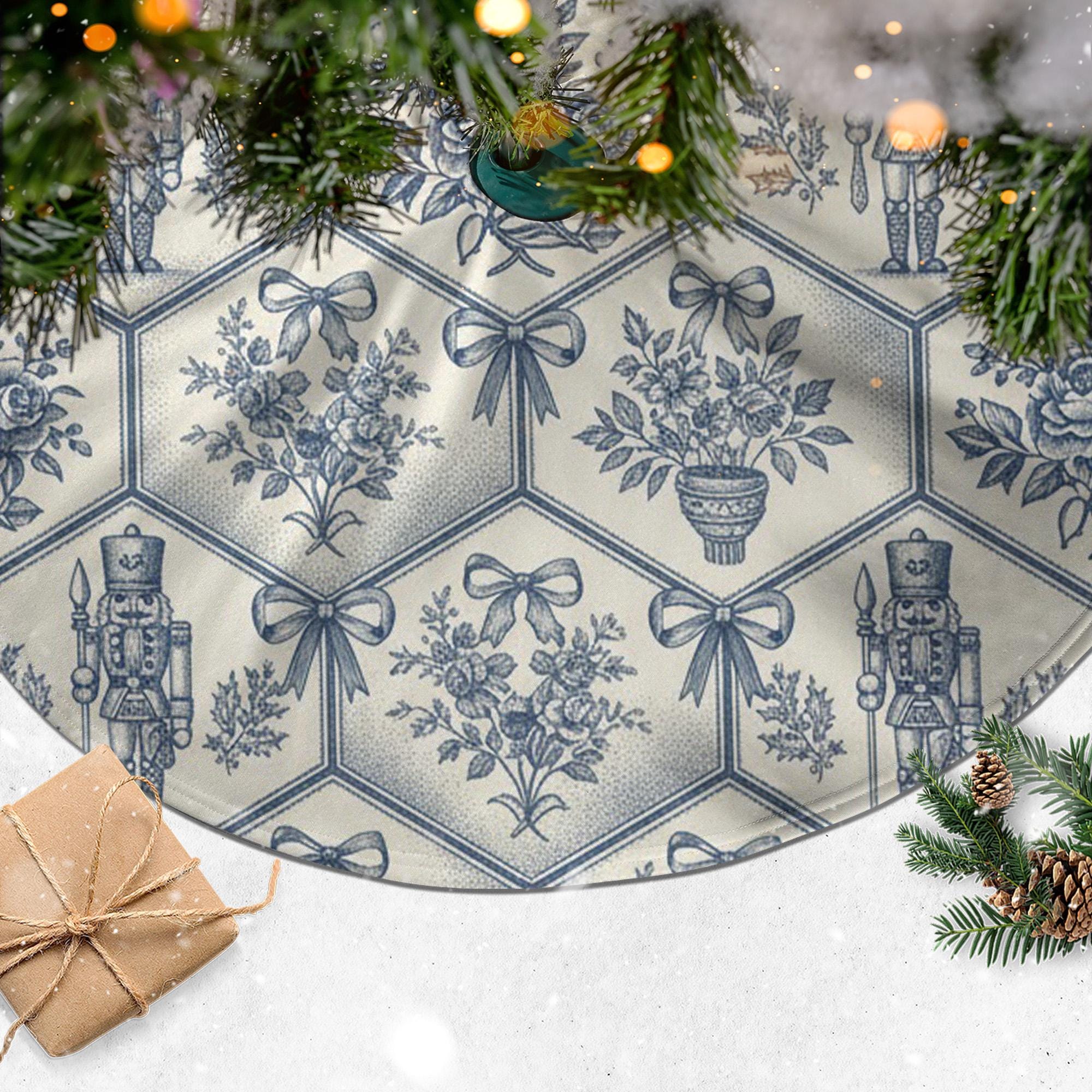 Blue Toile Nutcracker Tree Skirt, Round Christmas Tree Base Cover, Hexagon Floral Bow Pattern image 2